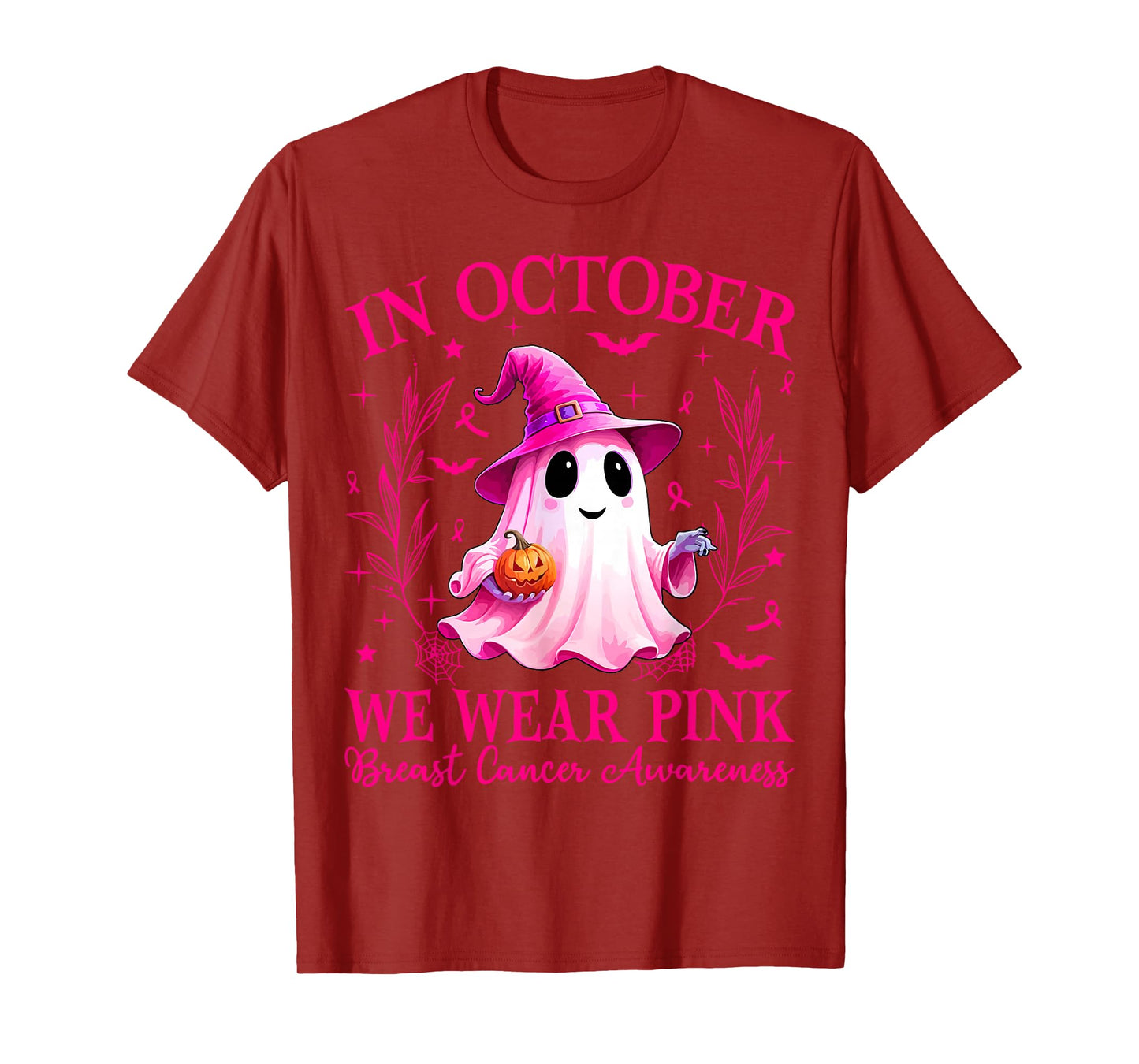 in October We Wear Pink Ghost Witch Breast Cancer Awareness T-Shirt