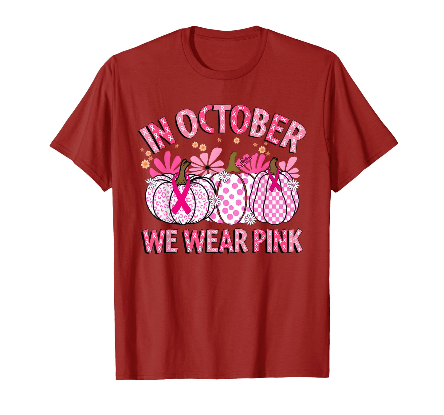 in October We Wear Pink Breast Cancer Pumpkin Halloween T-Shirt
