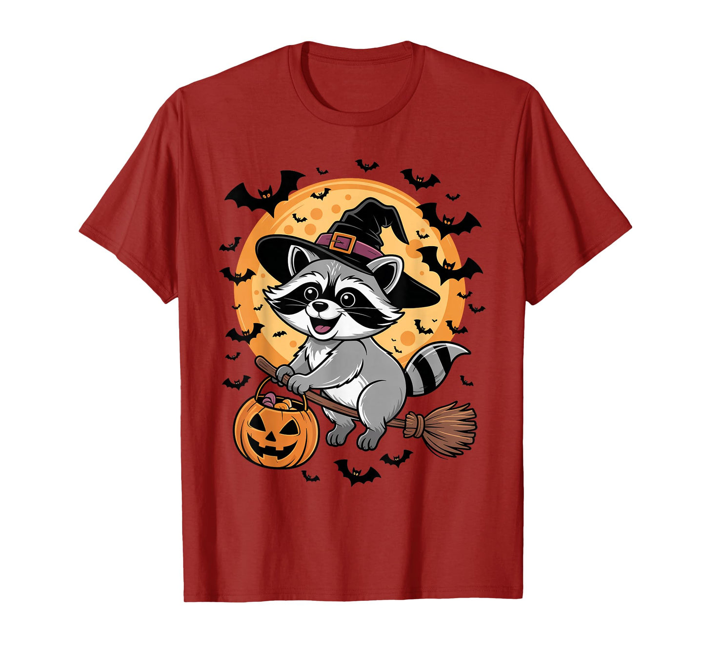 Kawaii Raccoon in Witch Hat on a Broom Halloween Costume T-Shirt