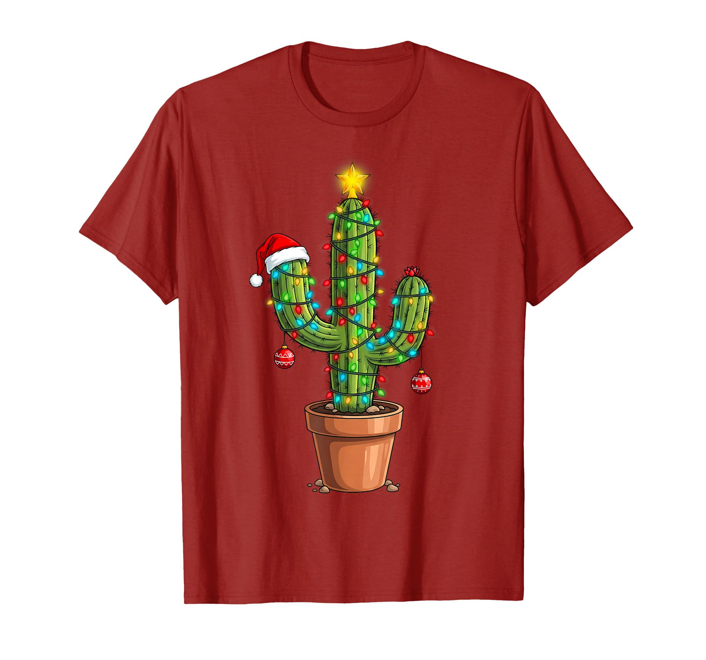 Funny Christmas Lights Cactus Lover Xmas Tree Santa Hat T-Shirt