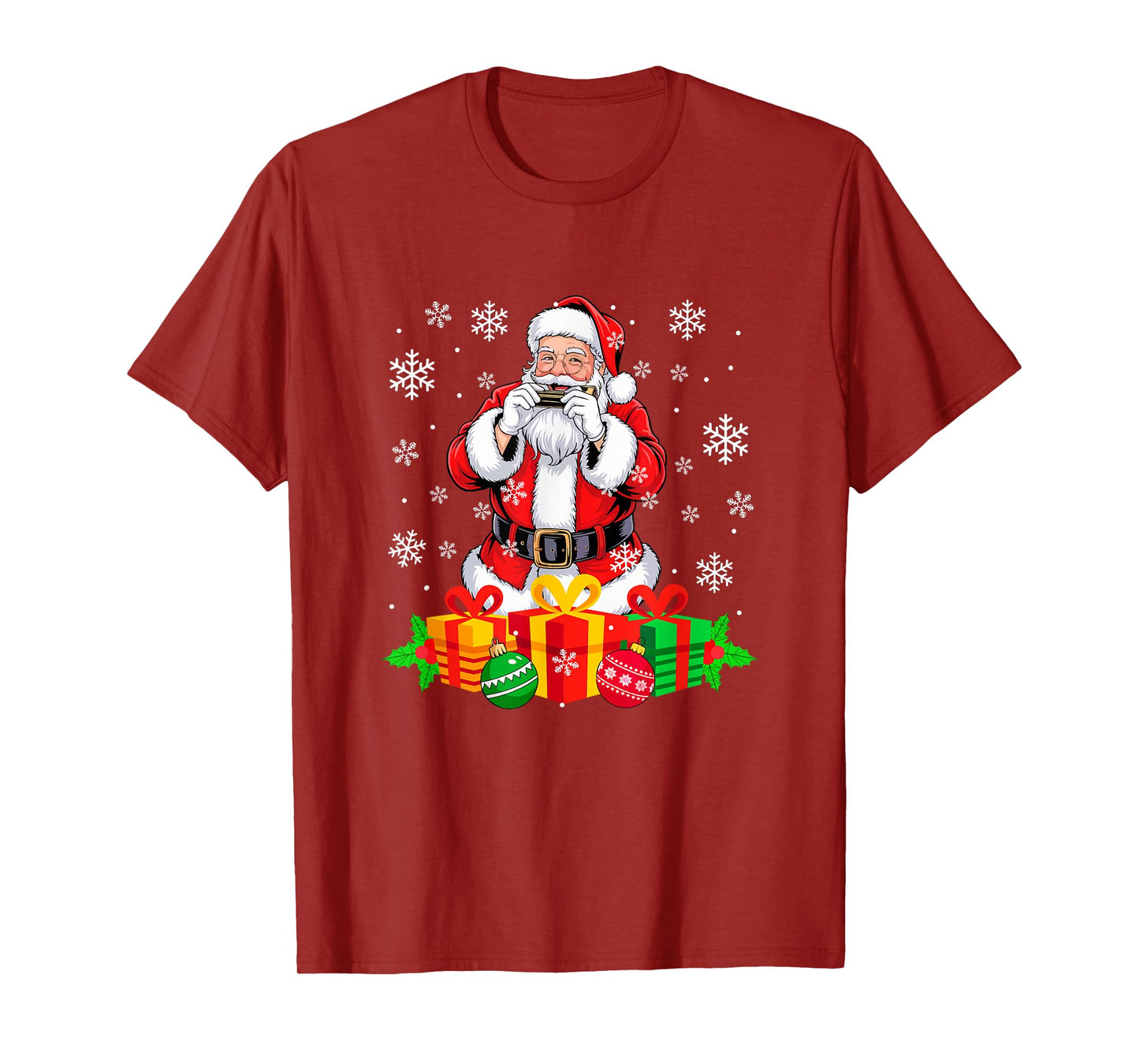 Santa Playing Harmonica Instrument Colorful Christmas Boxes T-Shirt