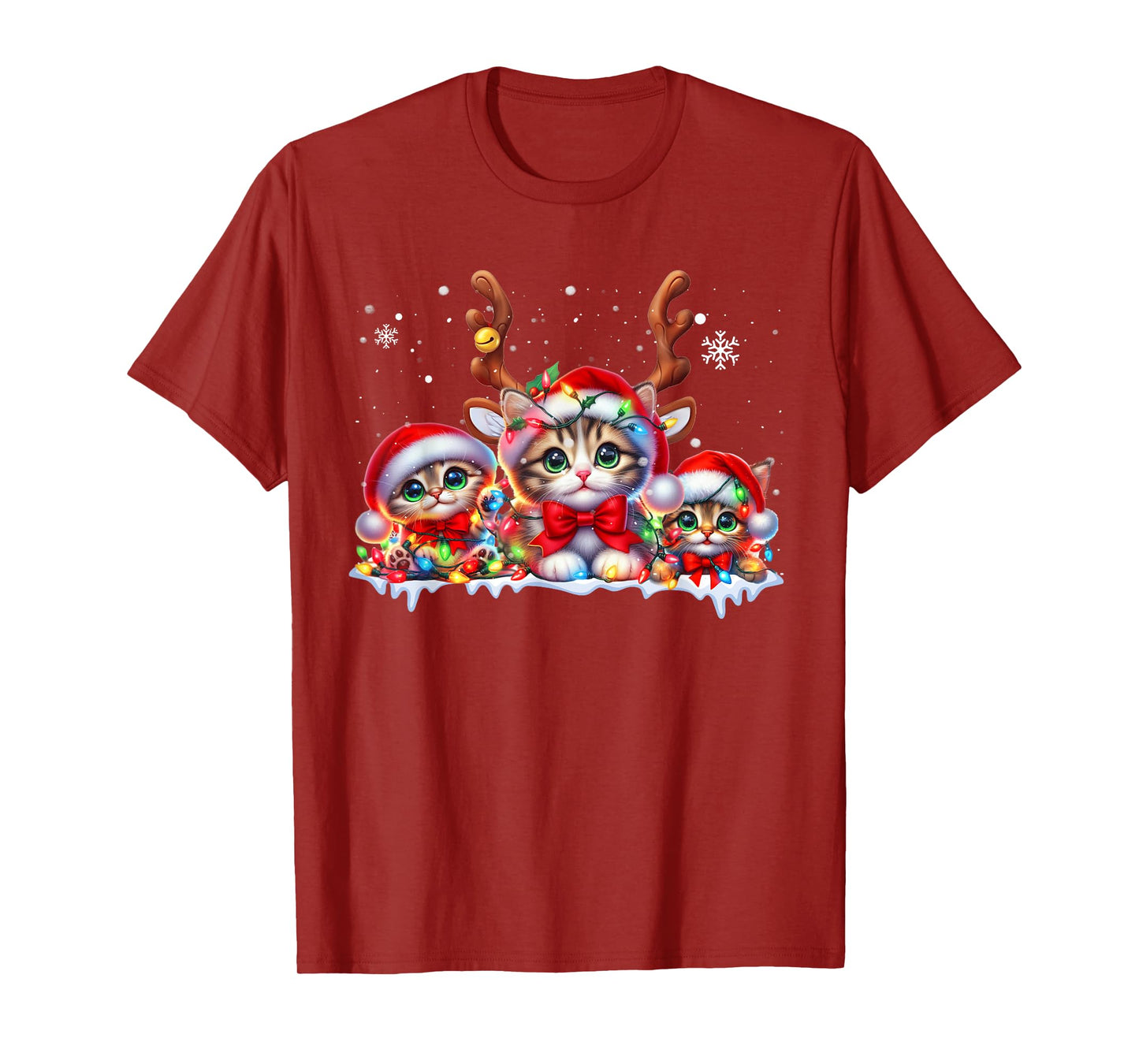 Cat Christmas Light Reindeer Santa Hat Xmas Funny Cat Lover T-Shirt