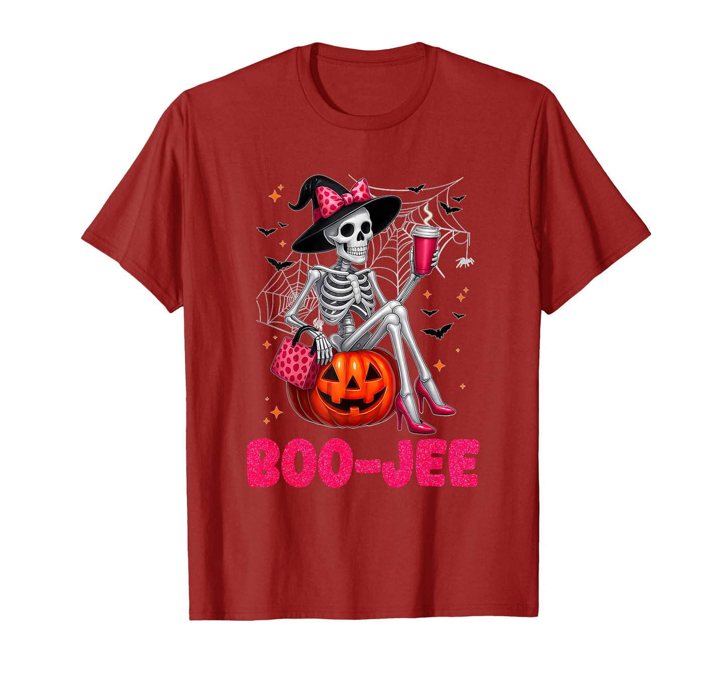 Pink Bow Spooky Witch Skeleton Drinking Halloween Pumpkin T-Shirt