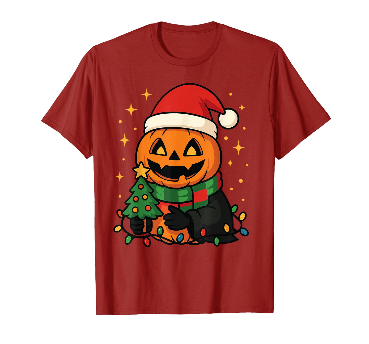 Pumpkin Santa Scarf Tree Lights Merry Christmas Halloween T-Shirt