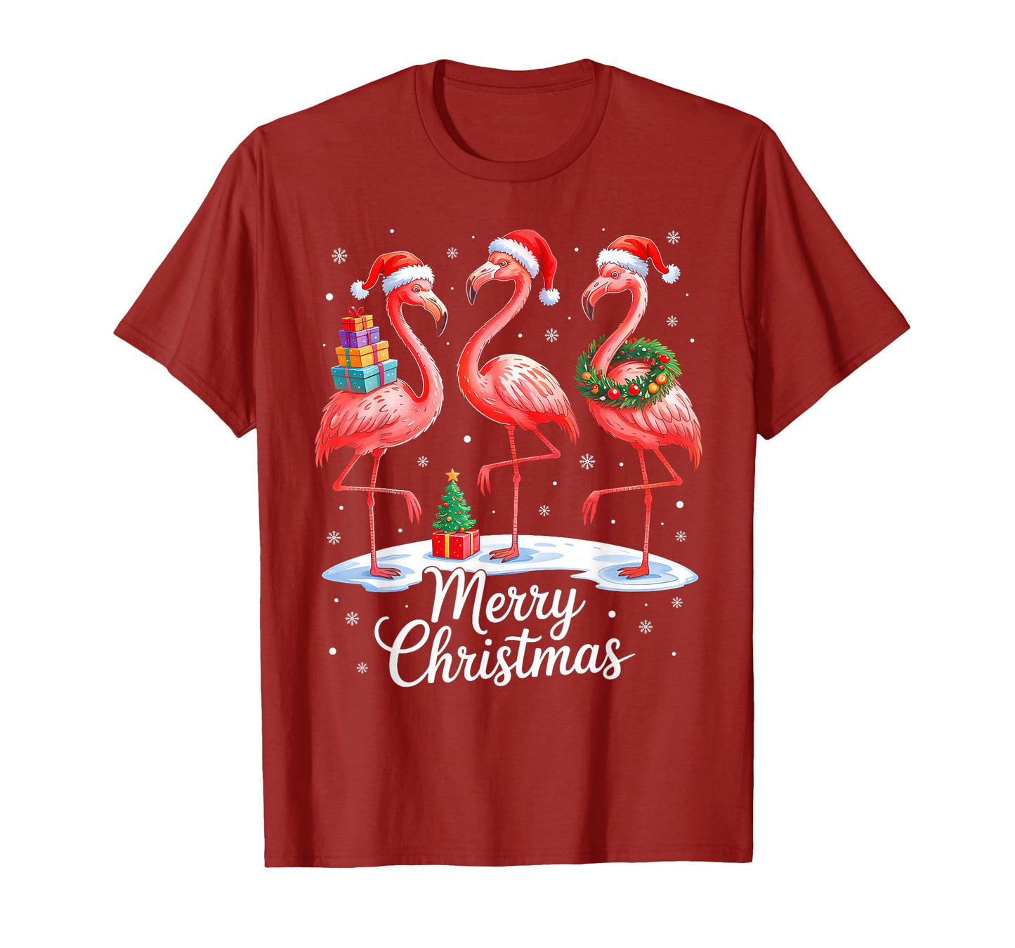 Pink Flamingo Xmas Lights Santa Hat Pajama Merry Christmas T-Shirt