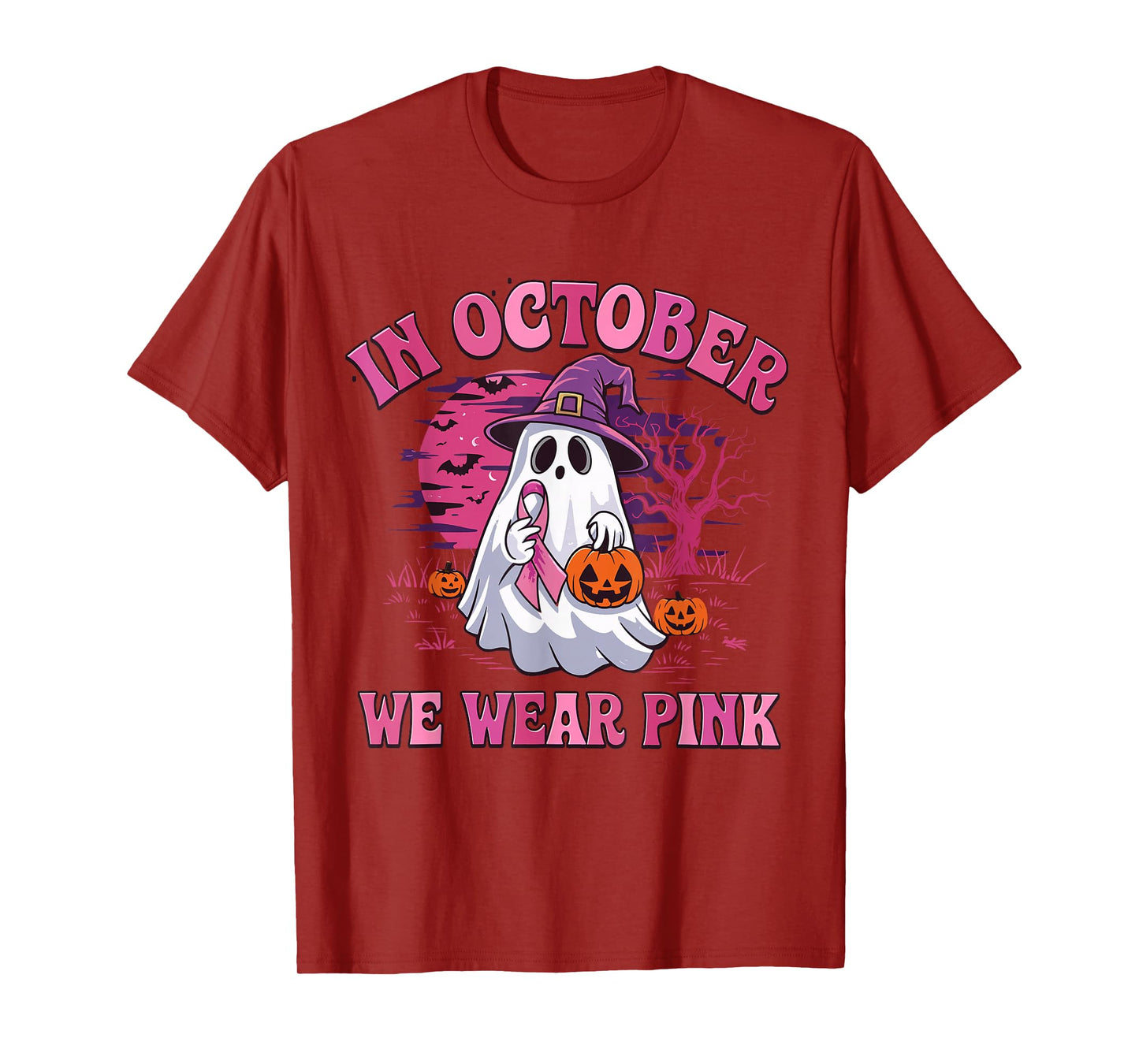 in October We Wear Pink Breast Cancer Ghost Pumpkin Witch T-Shirt