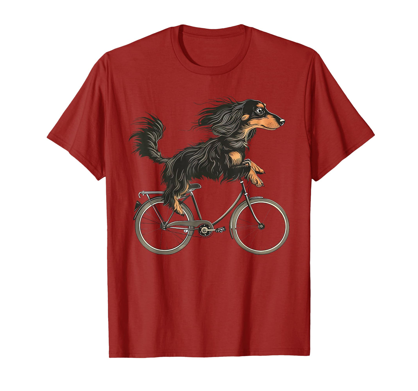 Vintage Long Haired Dachshund Riding A Bike Cycling Bicycle T-Shirt