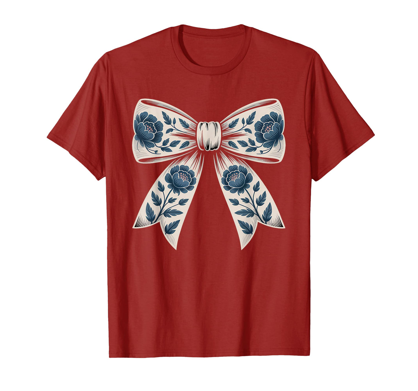 Blue Floral Coquette Bow Chinoiserie Christmas Girls Women T-Shirt