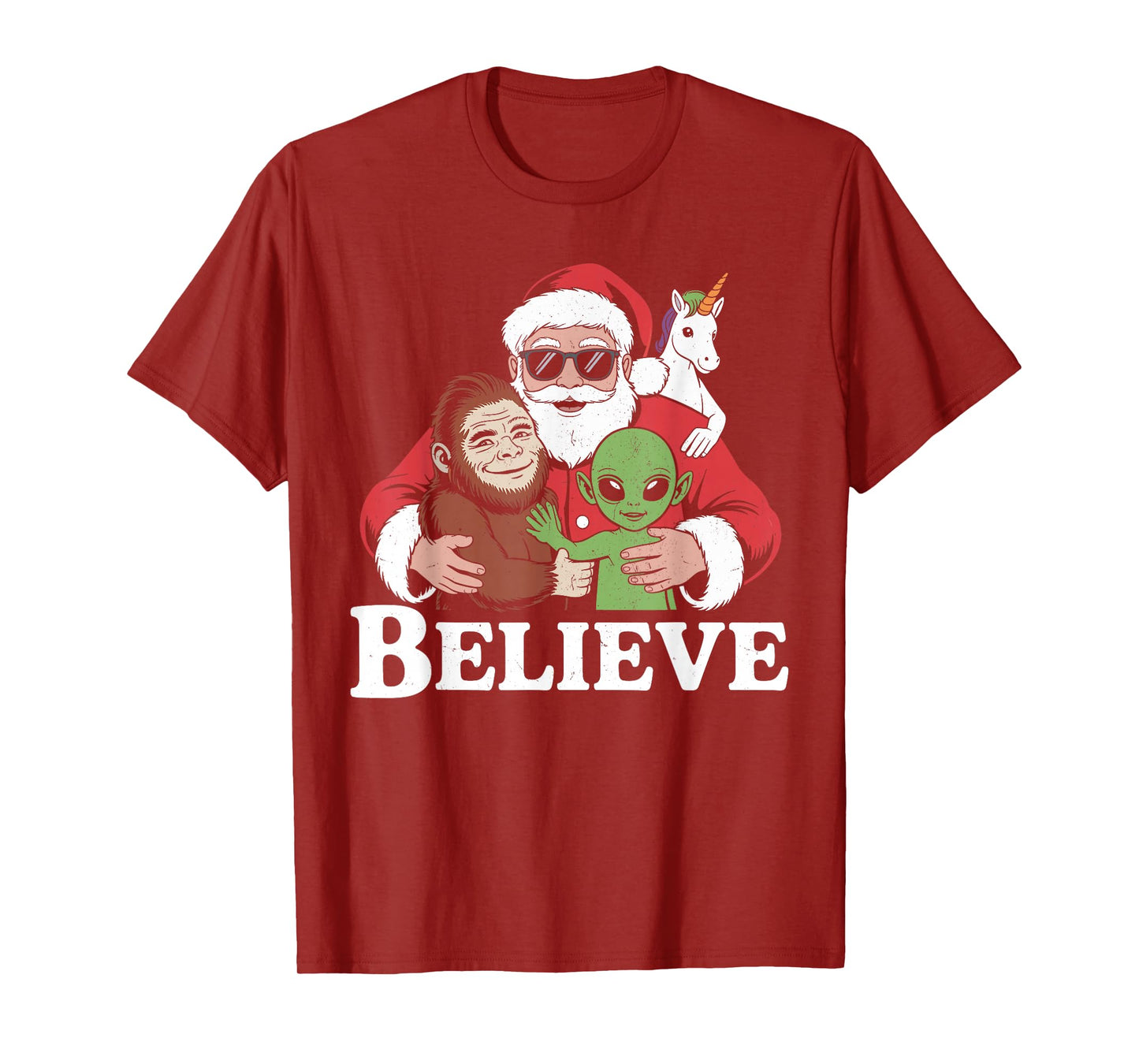 Believe Bigfoot Alien Santa Unicorn Christmas Funny T-Shirt