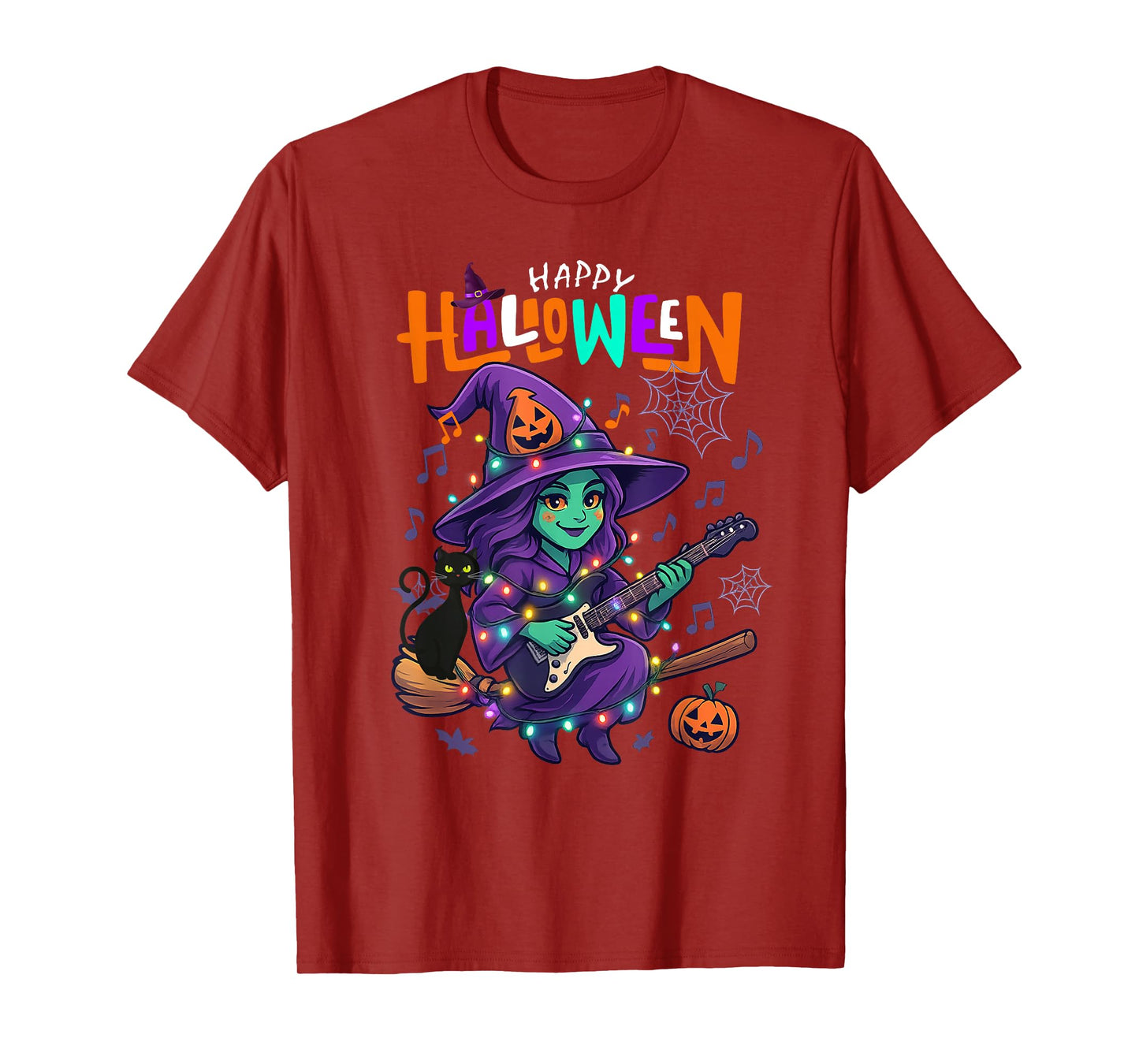 Funny Witch Playing Guitar Happy Halloween Boys Girls Kids T-Shirt