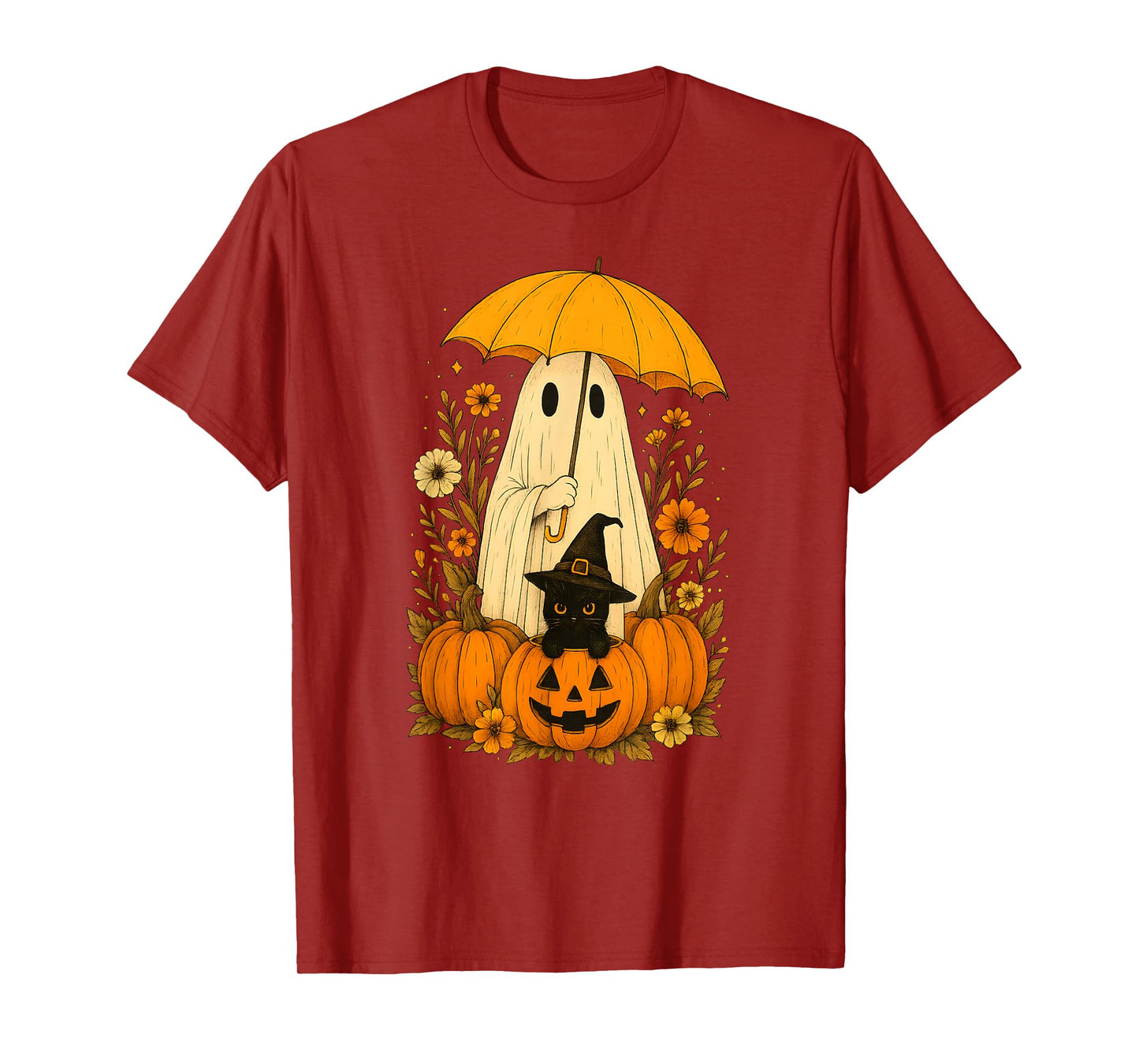 Vintage Halloween Ghost and Black Cat Groovy Floral T-Shirt