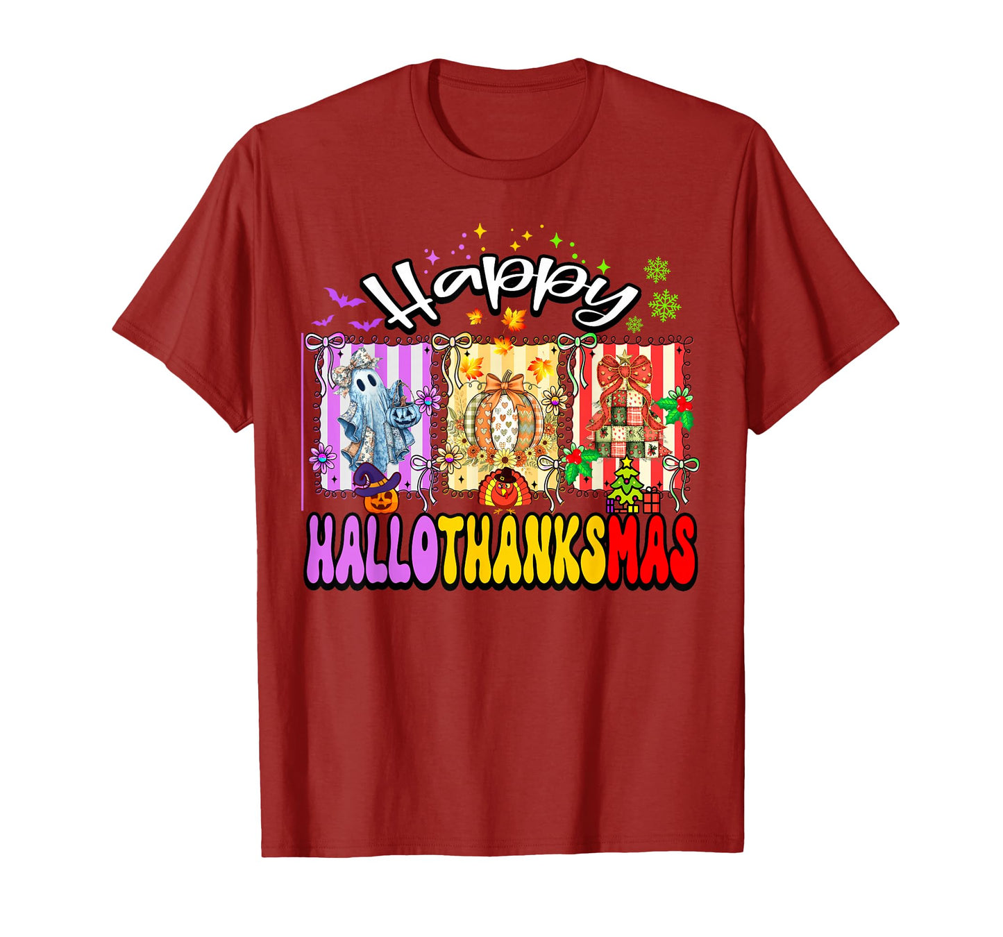 Happy Hallothanksmas Retro Halloween Thanksgiving Christmas T-Shirt