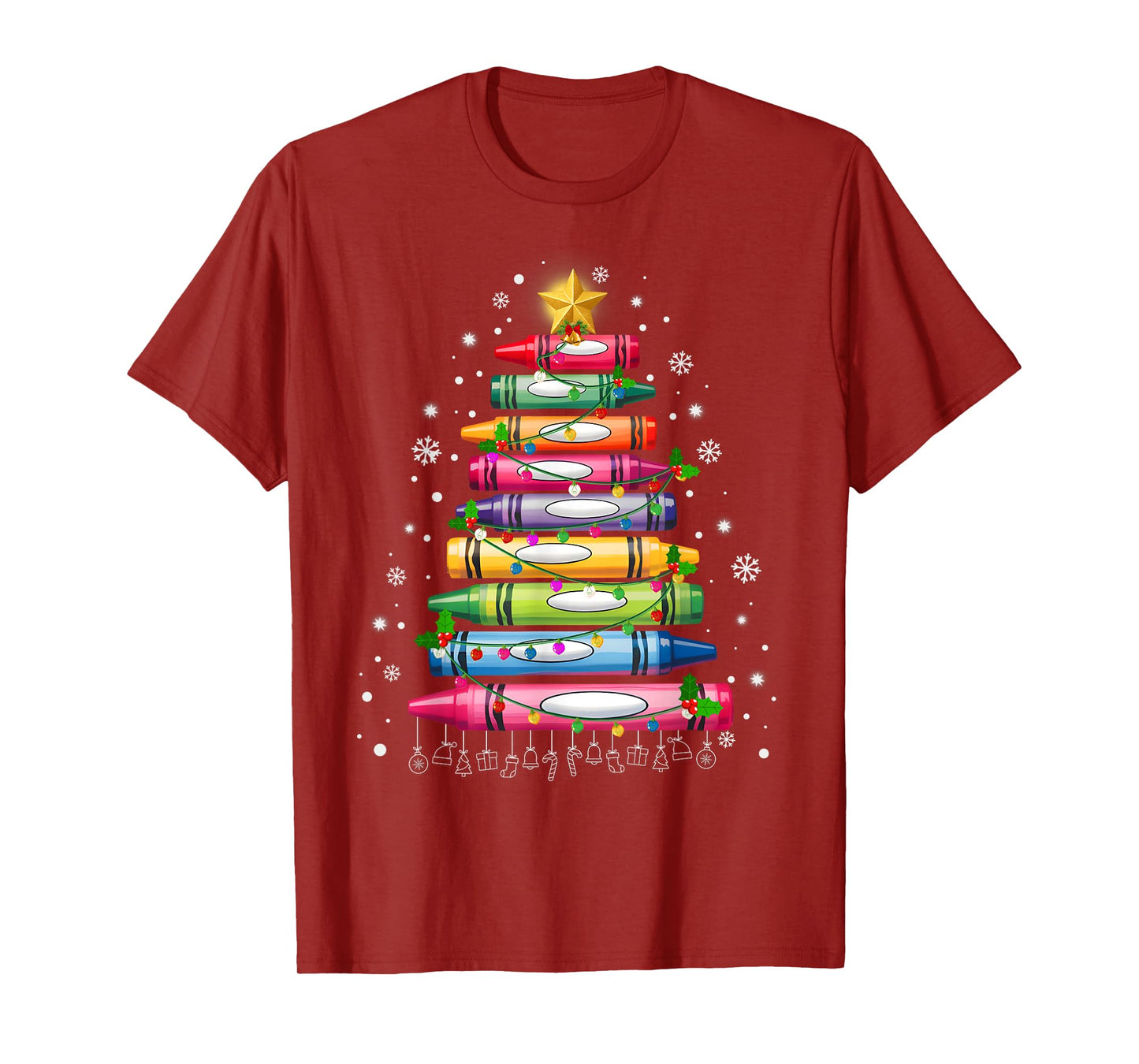 Teacher Crayon Christmas Tree Lights Student School Xmas T-Shirt
