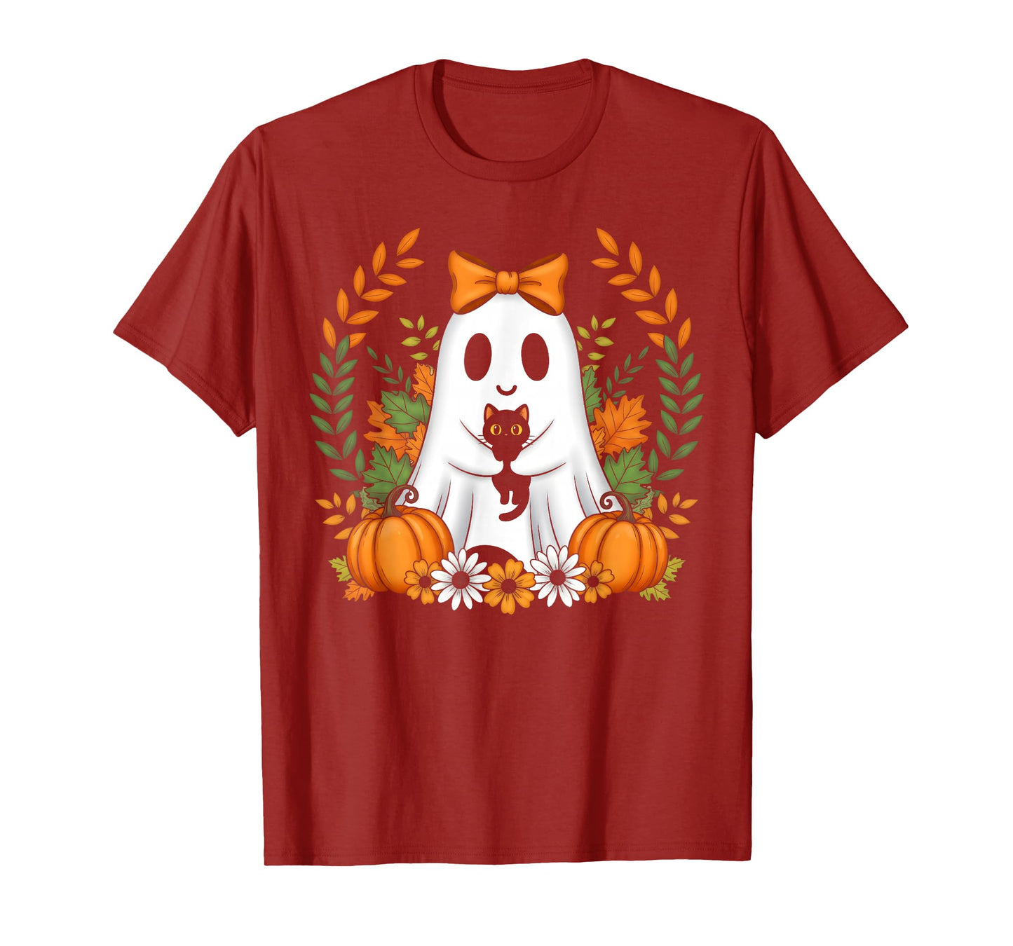 Vintage Halloween Ghost Holding Black Cat Groovy Floral T-Shirt