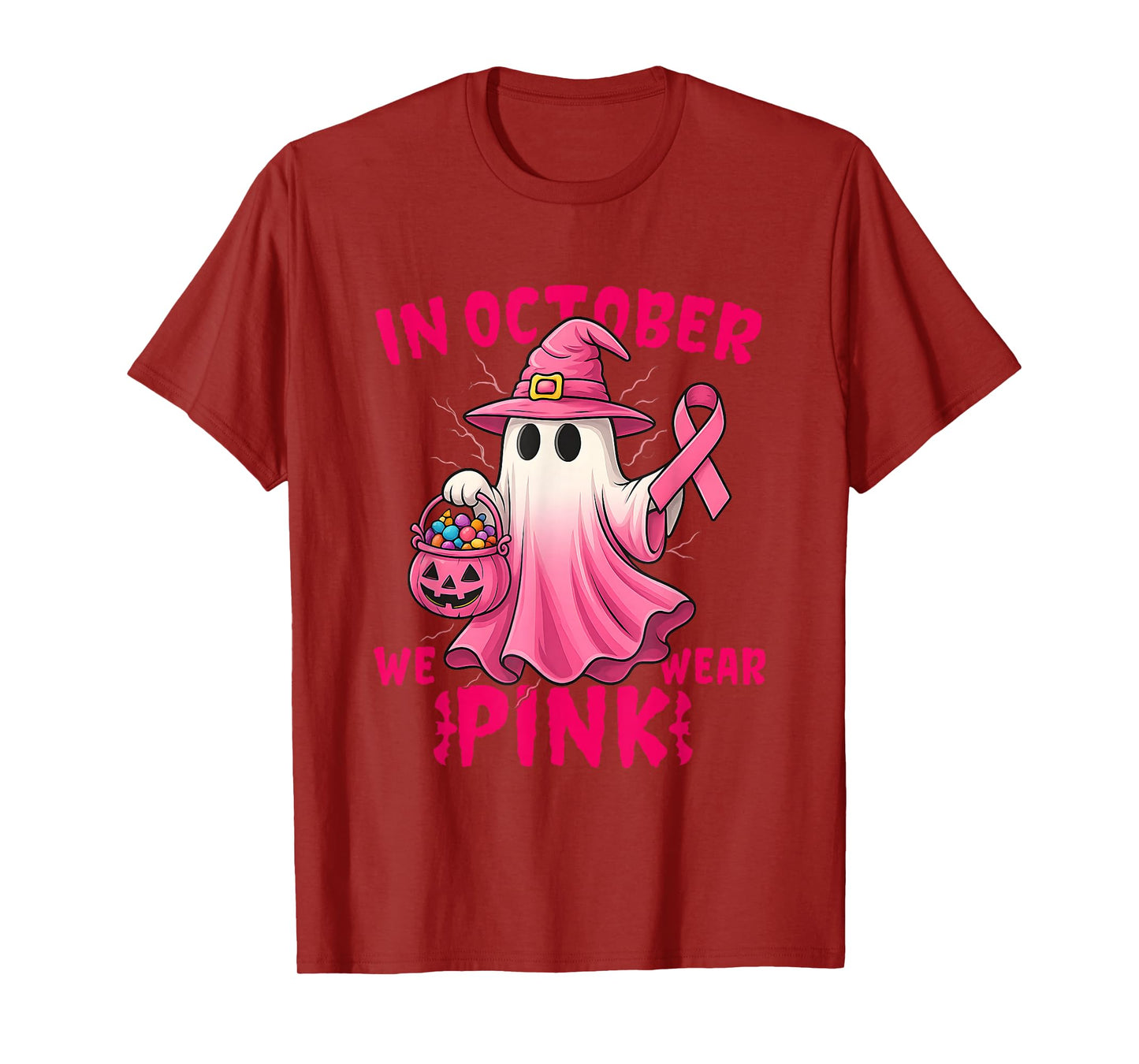 in October We Wear Pink Ghost Witch Breast Cancer Awareness T-Shirt