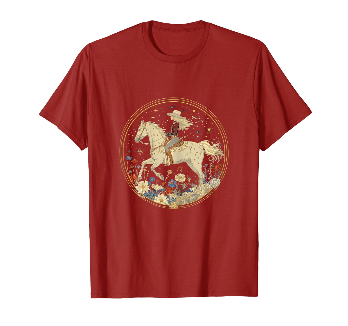 Cowgirl Riding Horse In Wildflower Field Floral Horse Girl T-Shirt