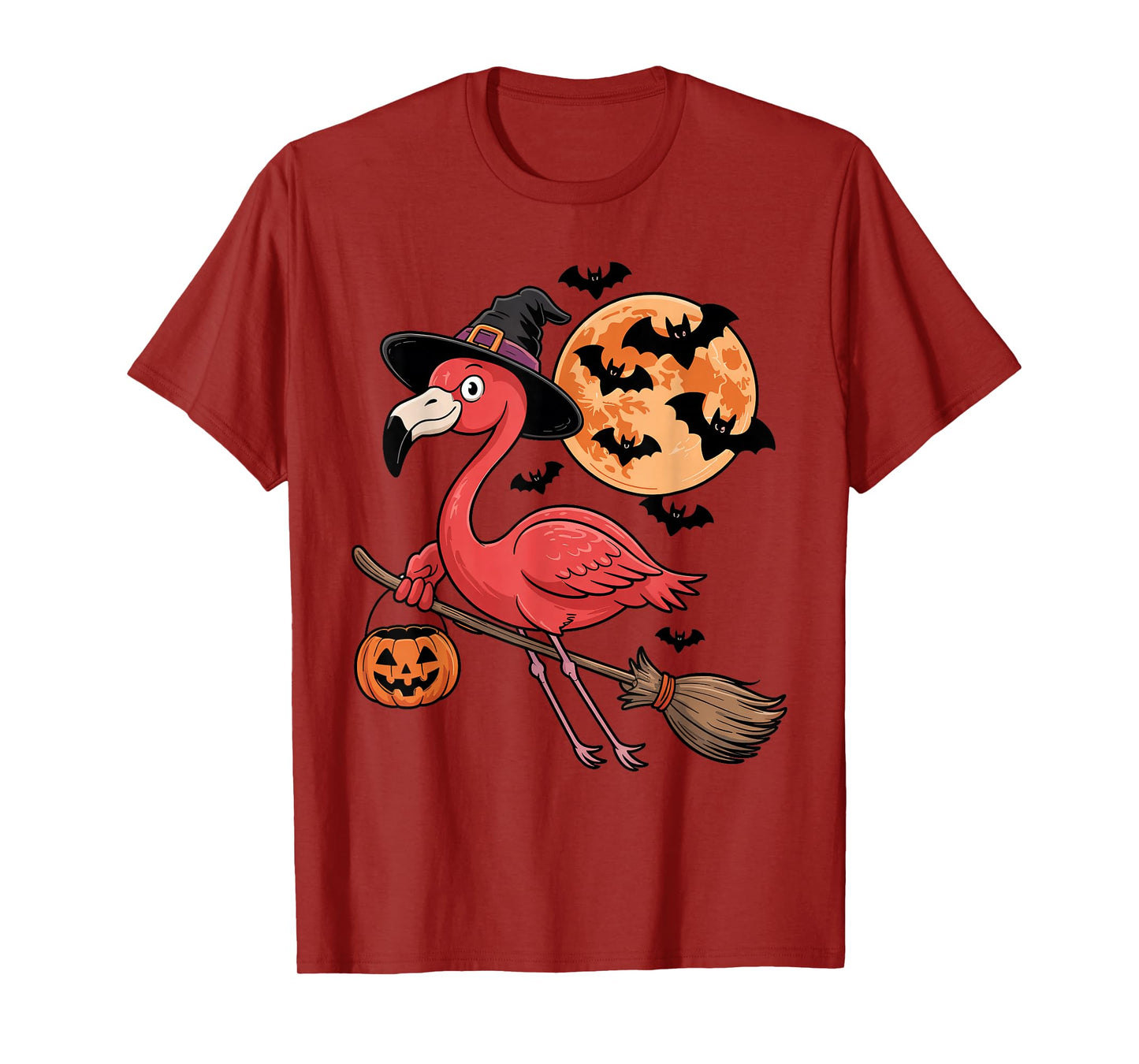Cute Flamingo Witch Riding Broom Halloween Pumpkin Kids Boys T-Shirt