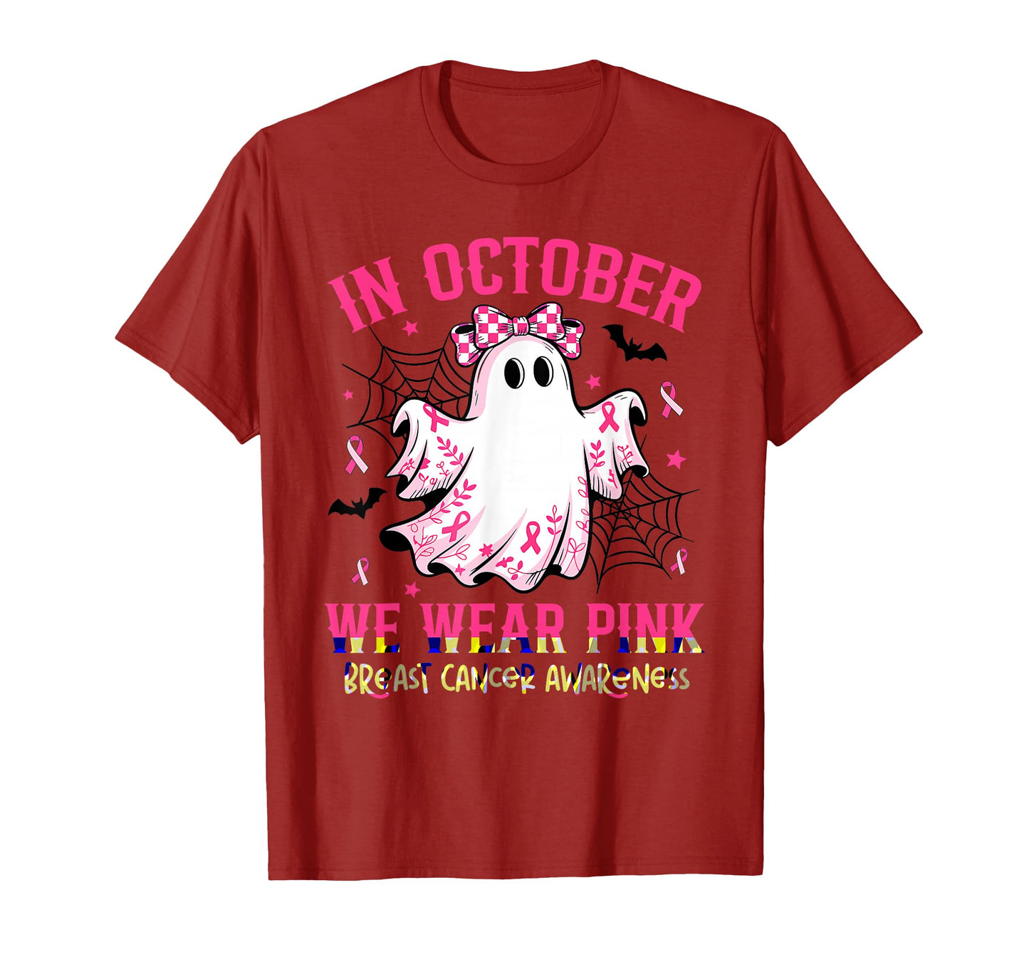 in October We Wear Pink Ghost Witch Breast Cancer Awareness T-Shirt