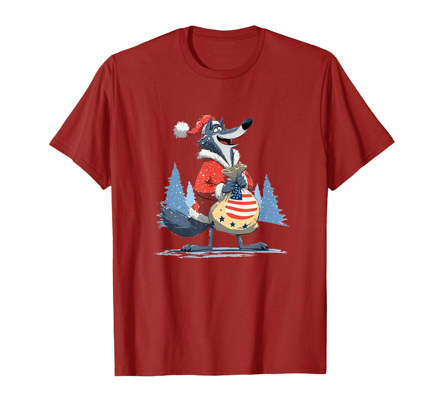 Cartoon Wolf in Christmas with Santa Bag for Boys and Girls T-Shirt