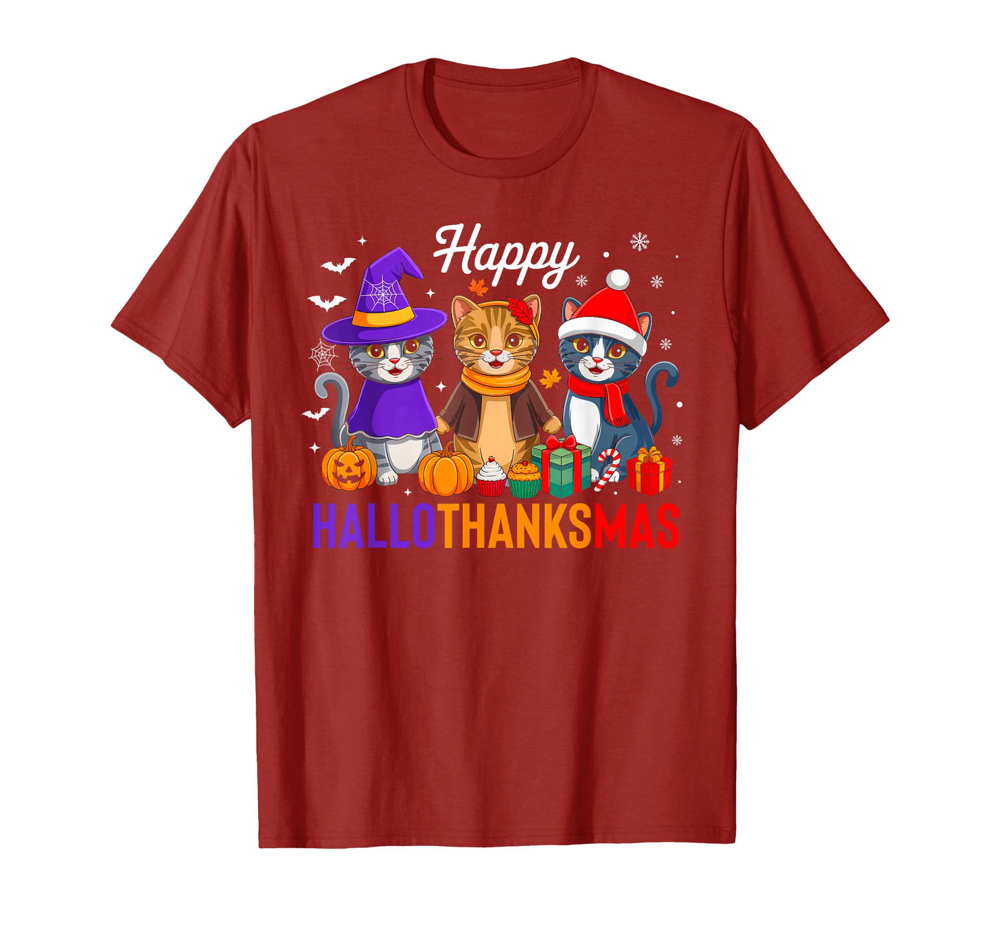 Happy Hallothanksmas Cat Halloween Thanksgiving Christmas T-Shirt