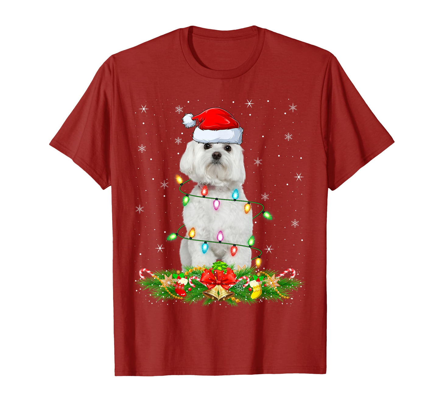 Maltese Dog Christmas Lights Funny Santa Hat Xmas T-Shirt