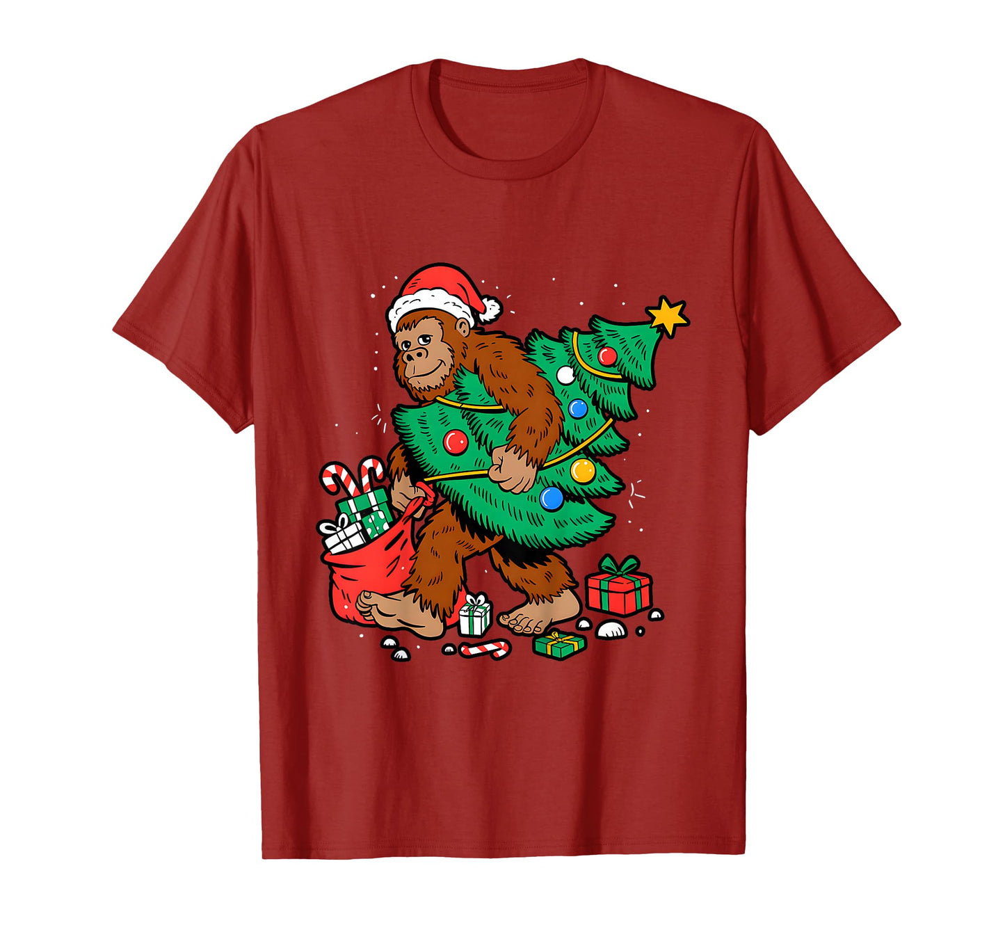 Kids Funny Bigfoot Christmas Tree Lights Xmas Boys Men Sasquax T-Shirt