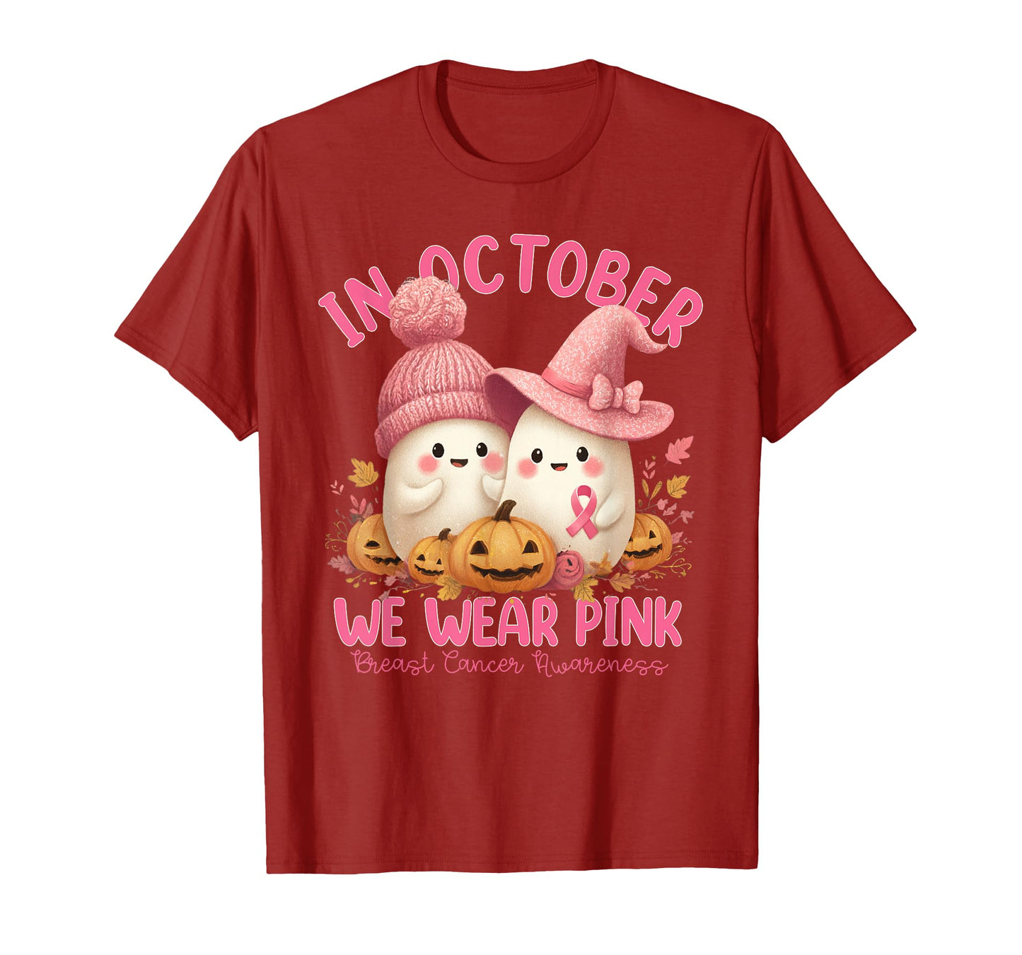 in October We Wear Pink Ghost Witch Breast Cancer Awareness T-Shirt