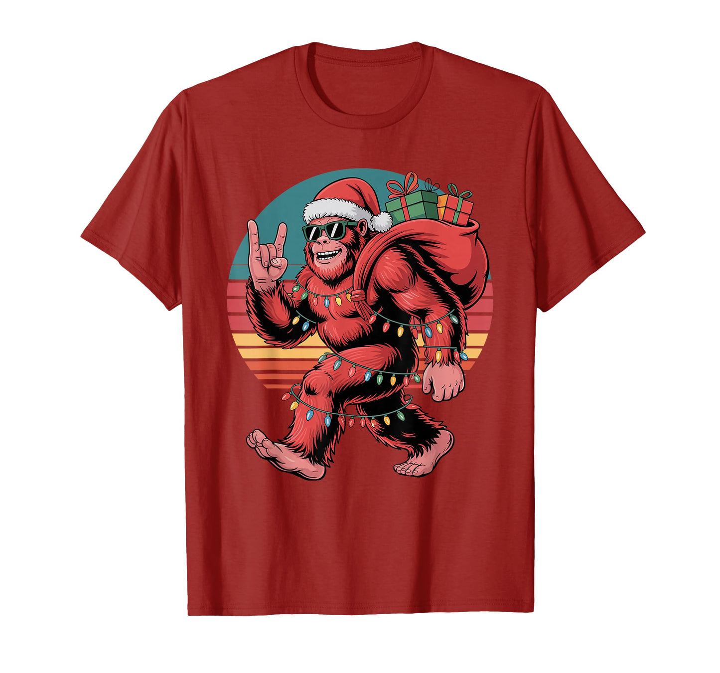 Retro Santa Bigfoot Christmas Funny Sasquatch Xmas Lights T-Shirt