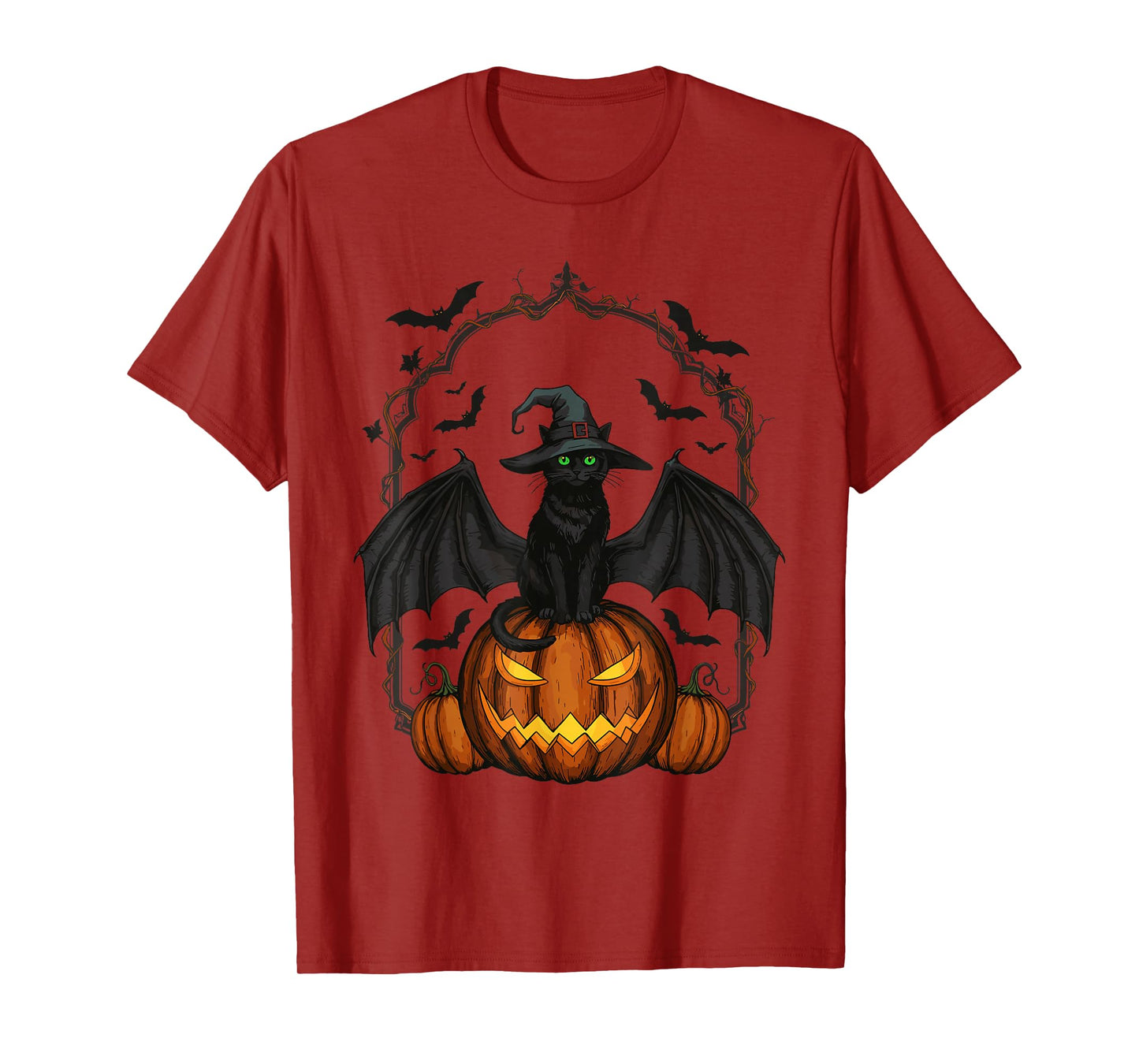 Cat Lovers Witch Hat Bats Pumpkin Spooky Halloween Night T-Shirt