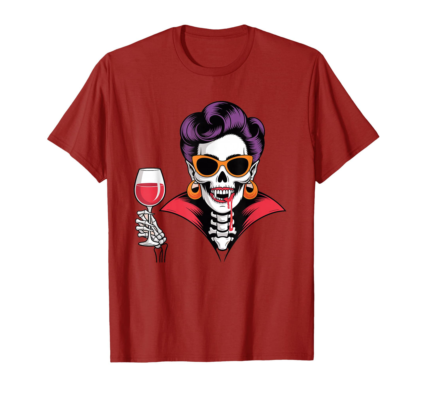 Vampire Skeleton Woman with Wine Funny Halloween Art T-Shirt