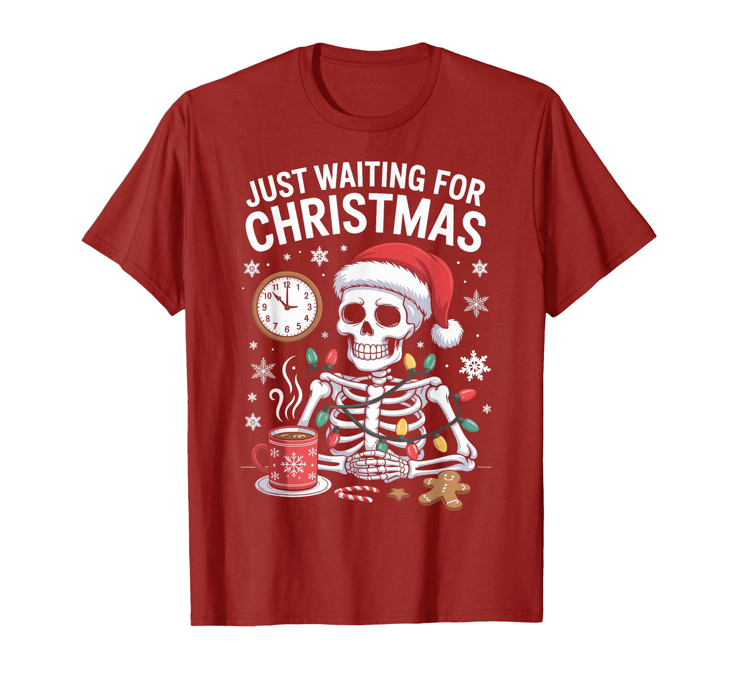 Just Waiting for Christmas Skeleton in Santa Hat Men Women T-Shirt
