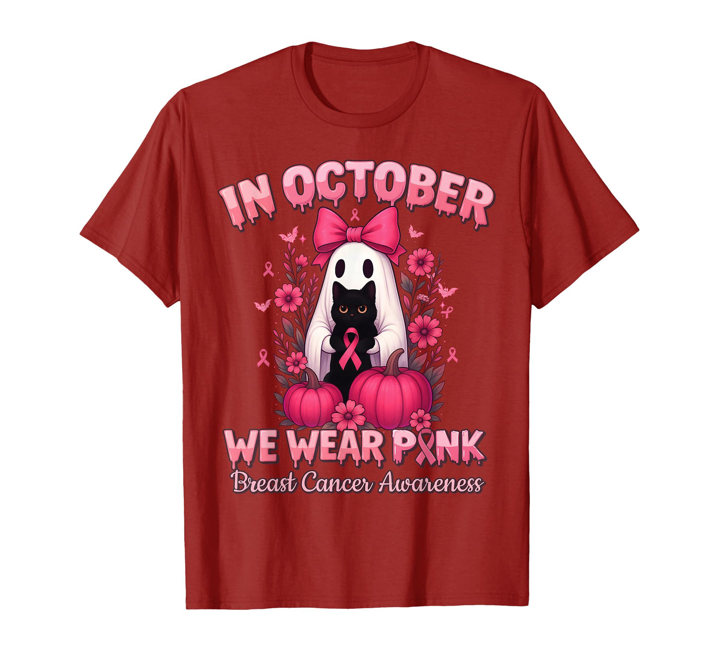 in October We Wear Pink Ghost Witch Breast Cancer Awareness T-Shirt