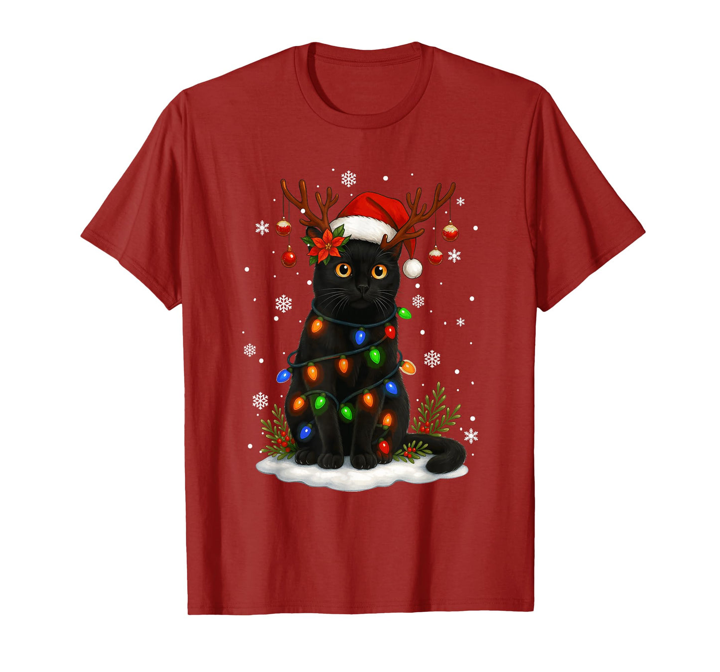 Black Cat Christmas Santa Hat Lights Funny Cats Women Mom T-Shirt