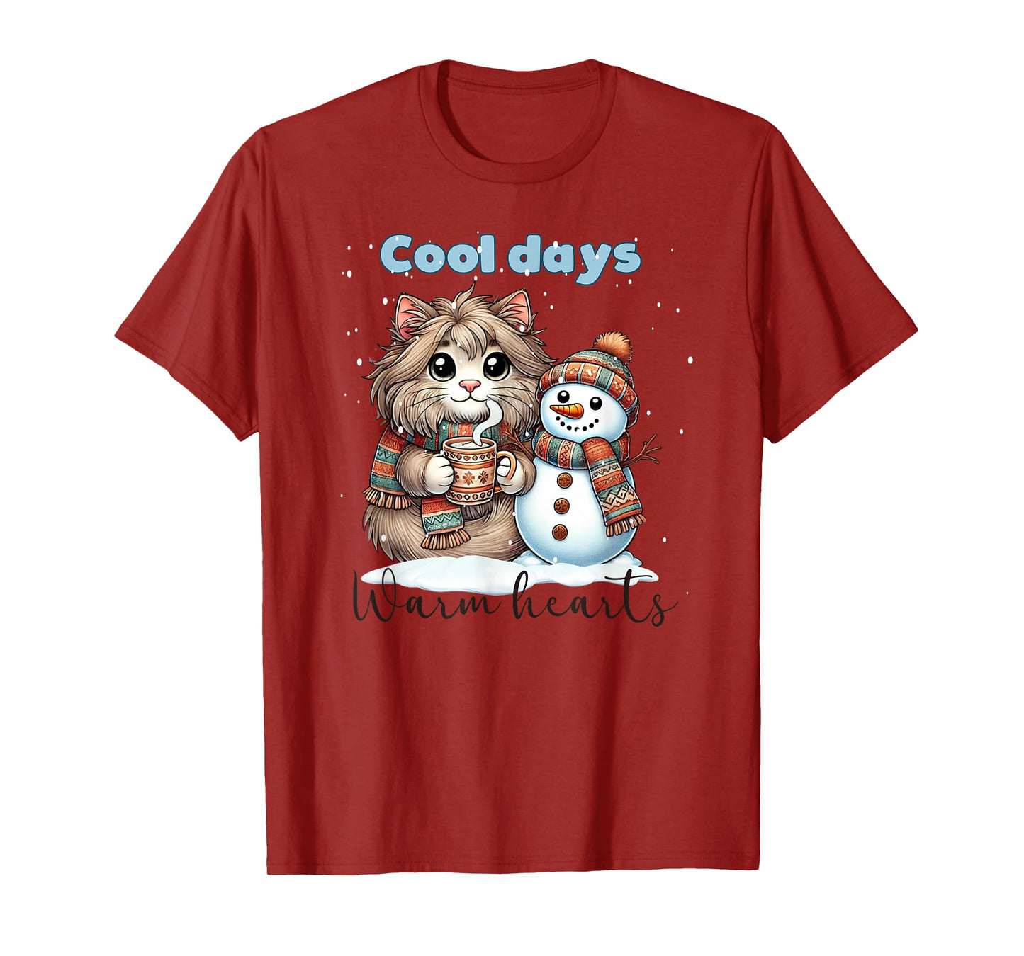 Kitty Cat and Snowman Friends Share Coffee in Winter Snow T-Shirt