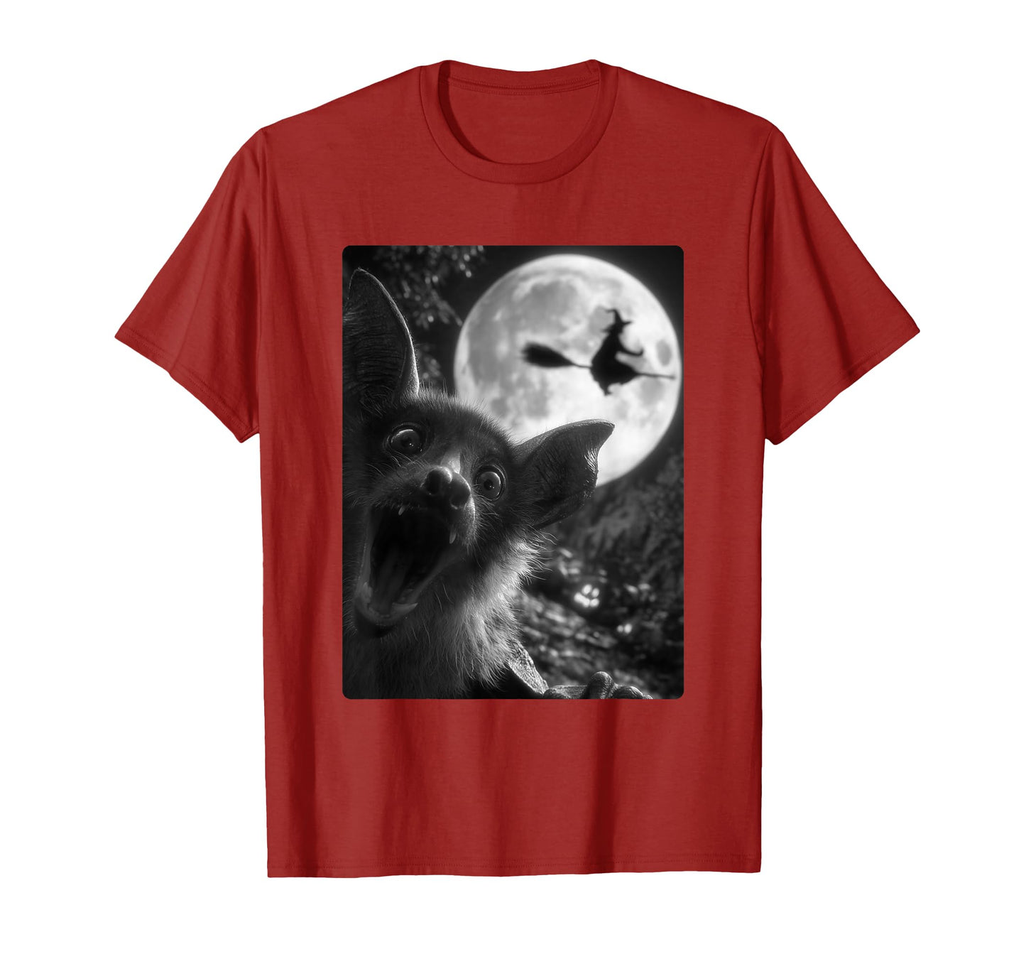 Funny Bat Selfie Full Moon Flying Witch Forest Halloween T-Shirt