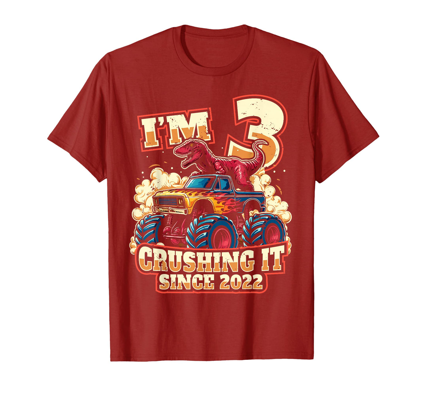 3 Year Old Boys 3rd Birthday Dinosaur Monster Truck Party T-Shirt