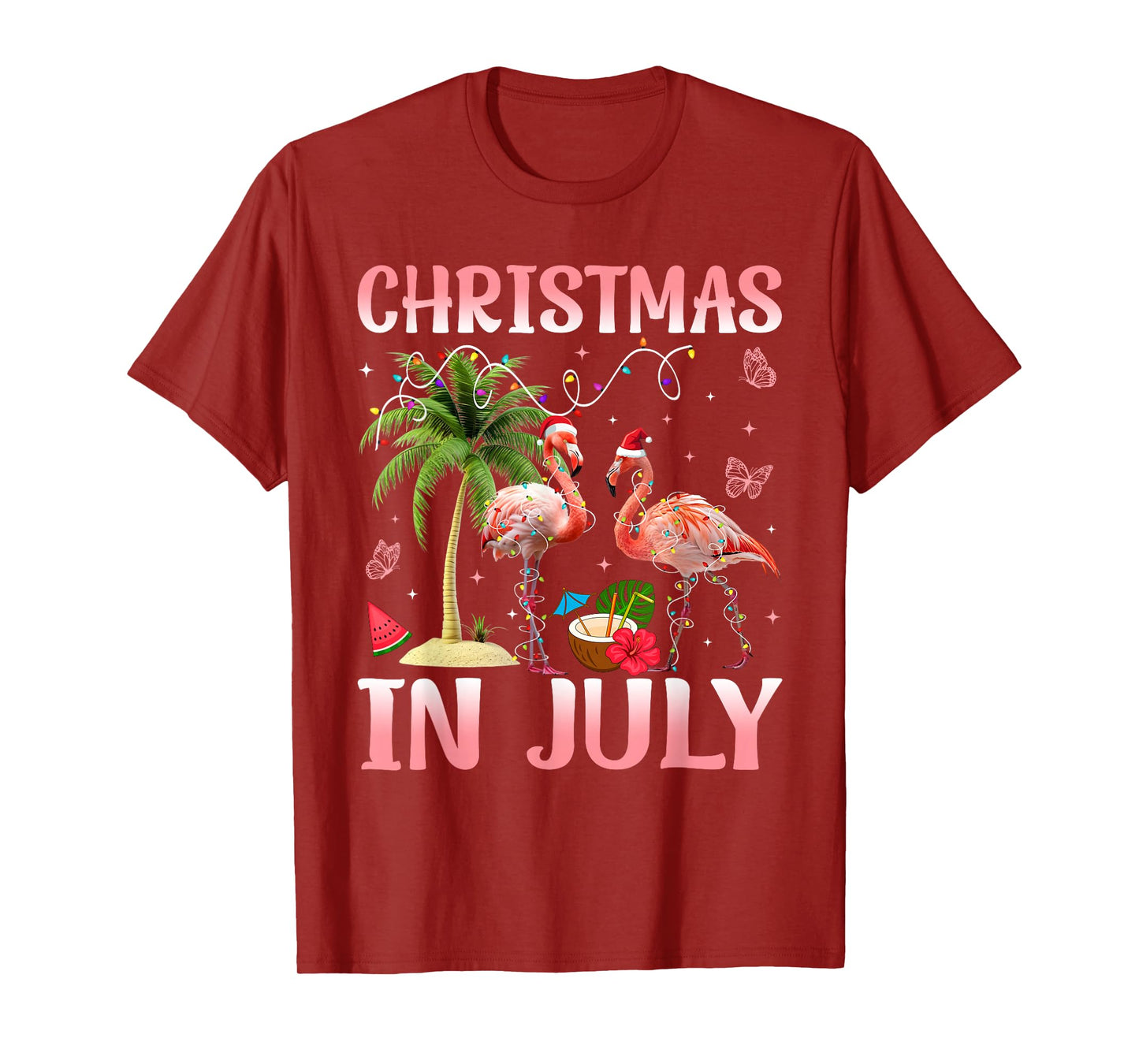 Christmas in July Pink Flamingo Santa Hat Christmas Lights T-Shirt