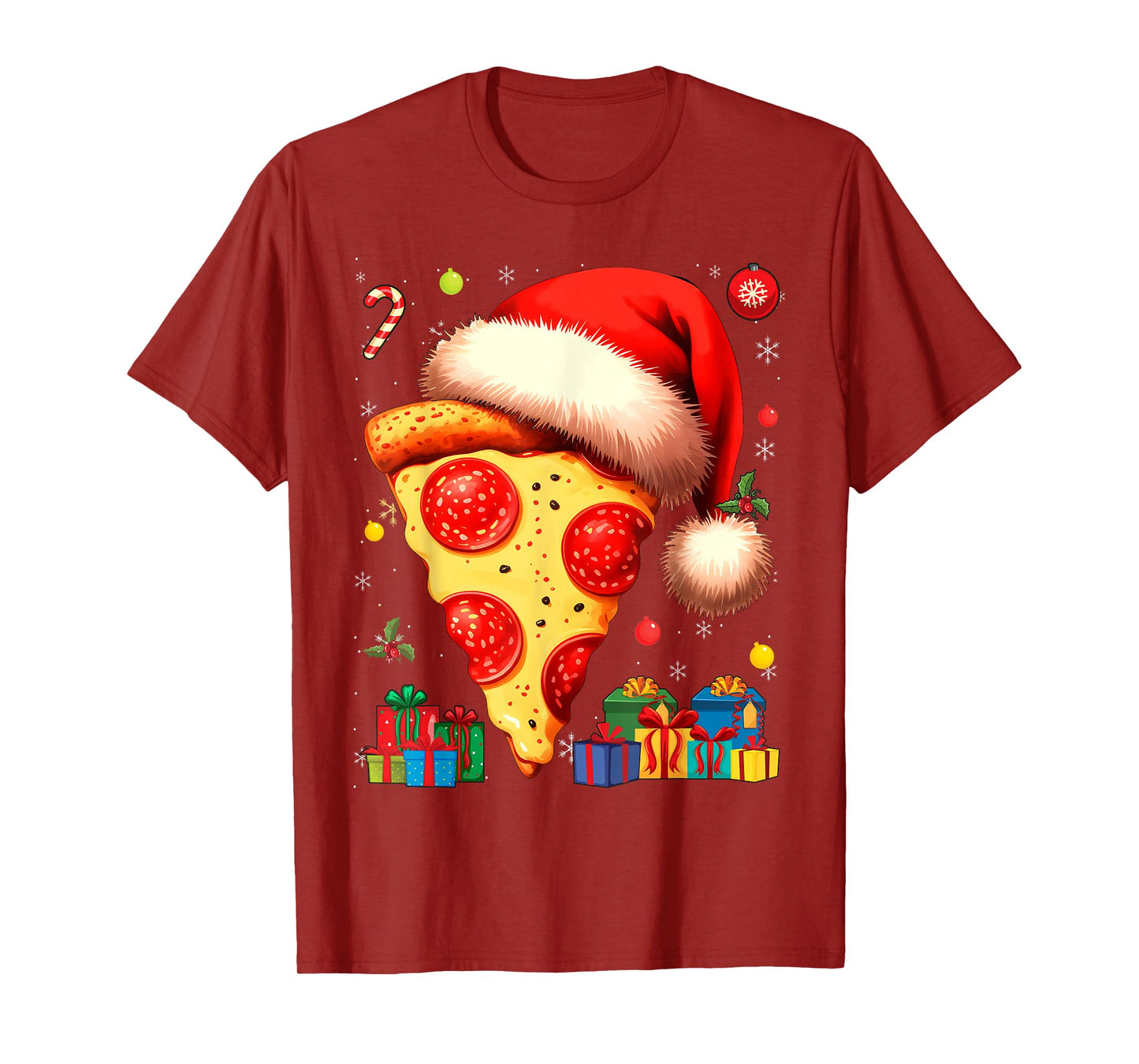 Santa Claus Hat Pepperoni Pizza Slice Christmas Holiday Food T-Shirt