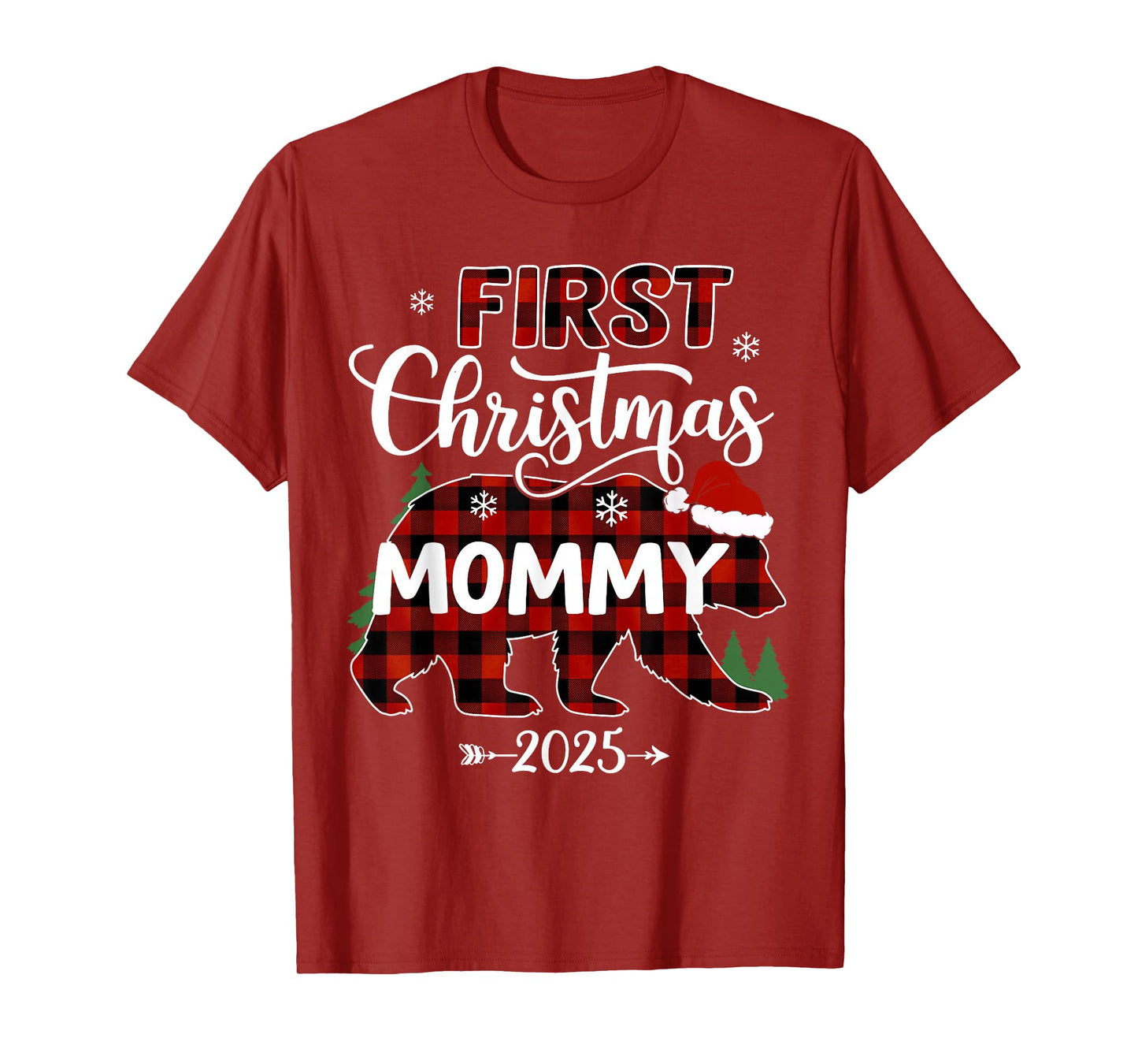 Pregnancy First Christmas Mommy Red Plaid Bear Santa 2025 T-Shirt