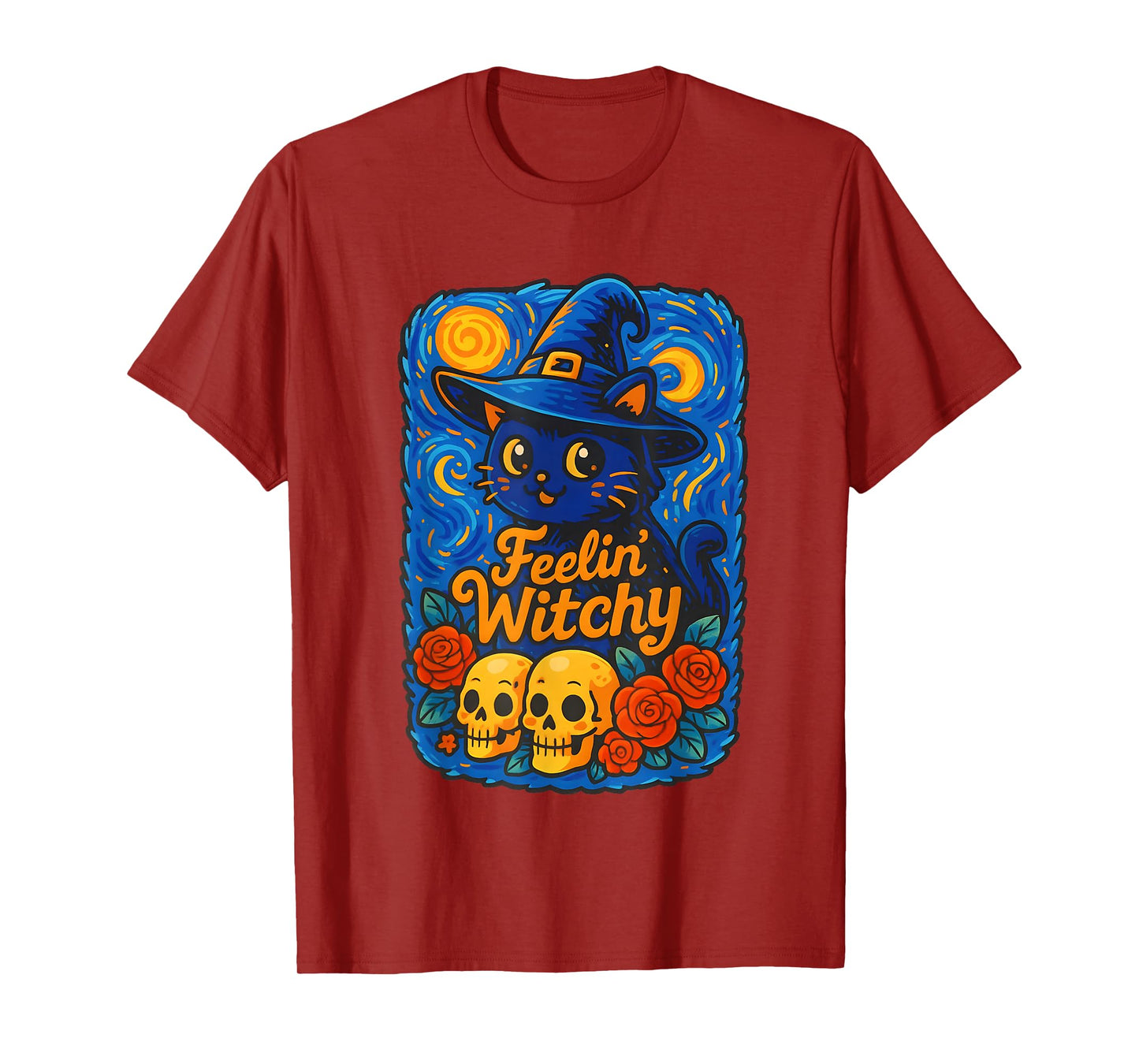 Hallowen Black Cat Witch Hat with Skulls & Roses T-Shirt