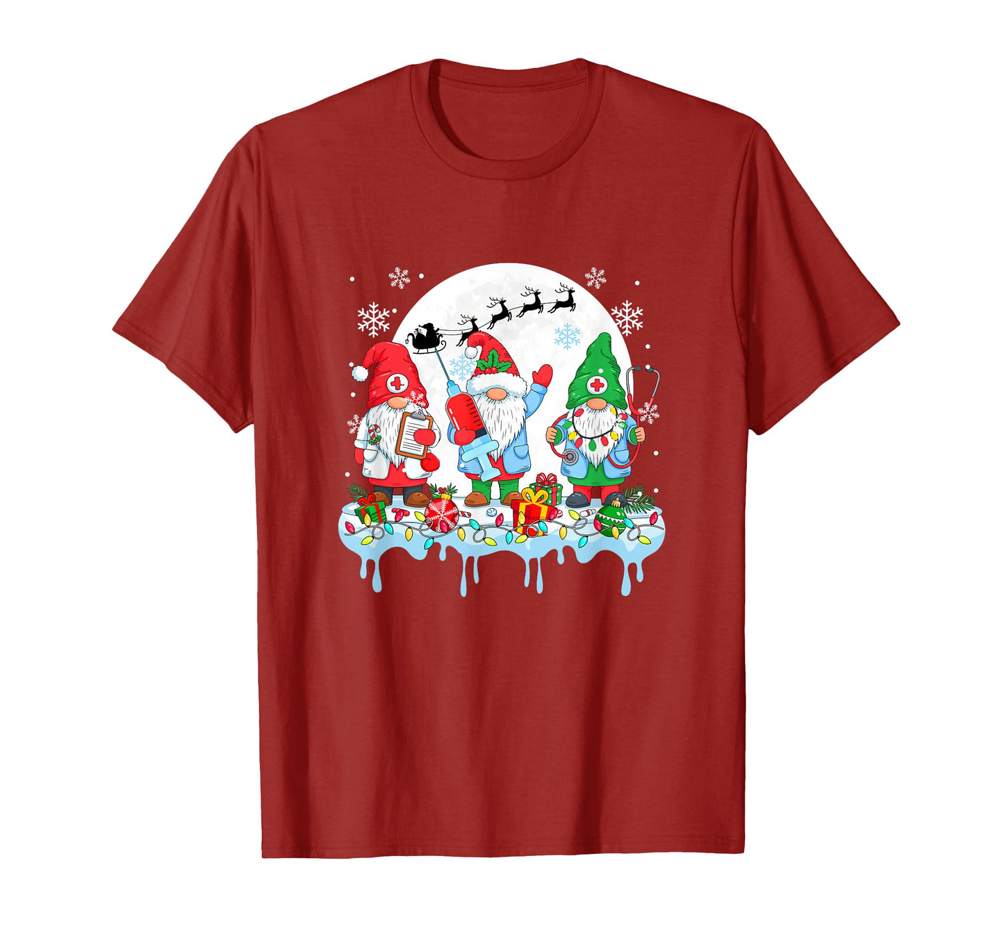 Three Colorful Gnomes with Nurse Tools Christmas Nursing T-Shirt