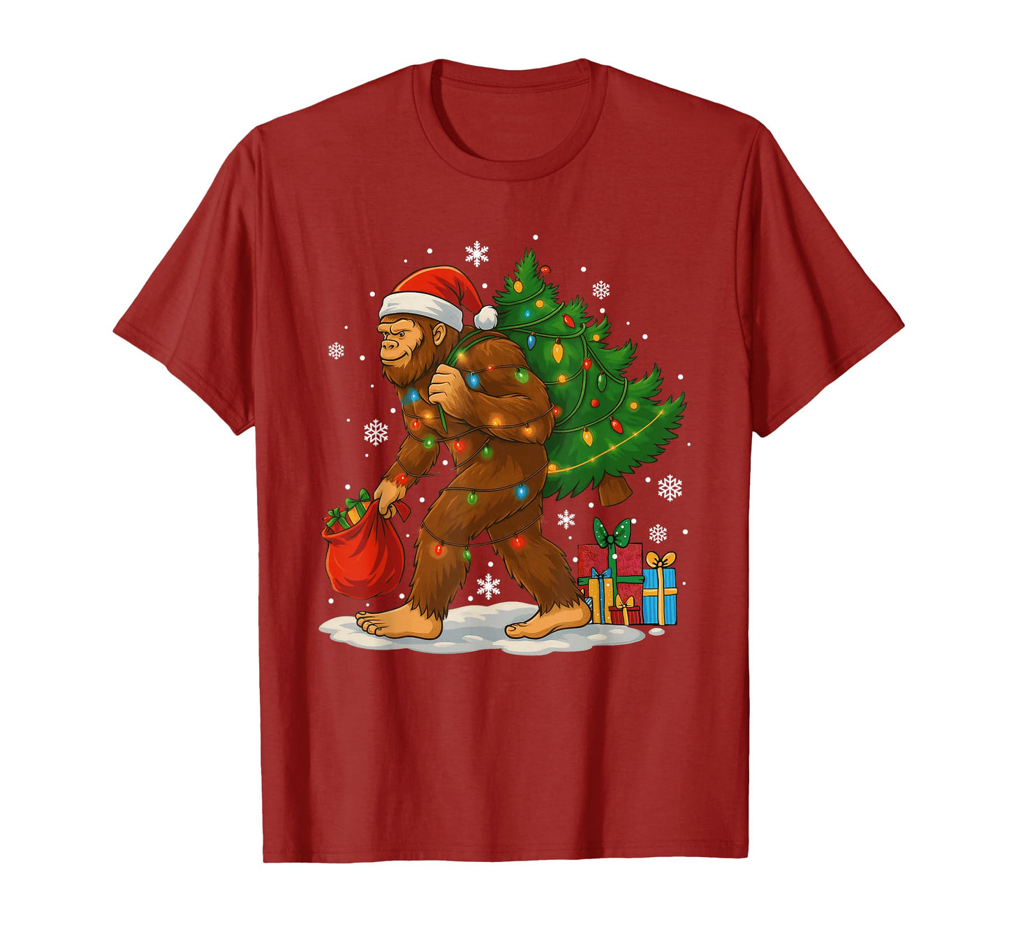 Christmas Bigfoot Santa Hat Tree Lights Xmas Boys Men Kids T-Shirt