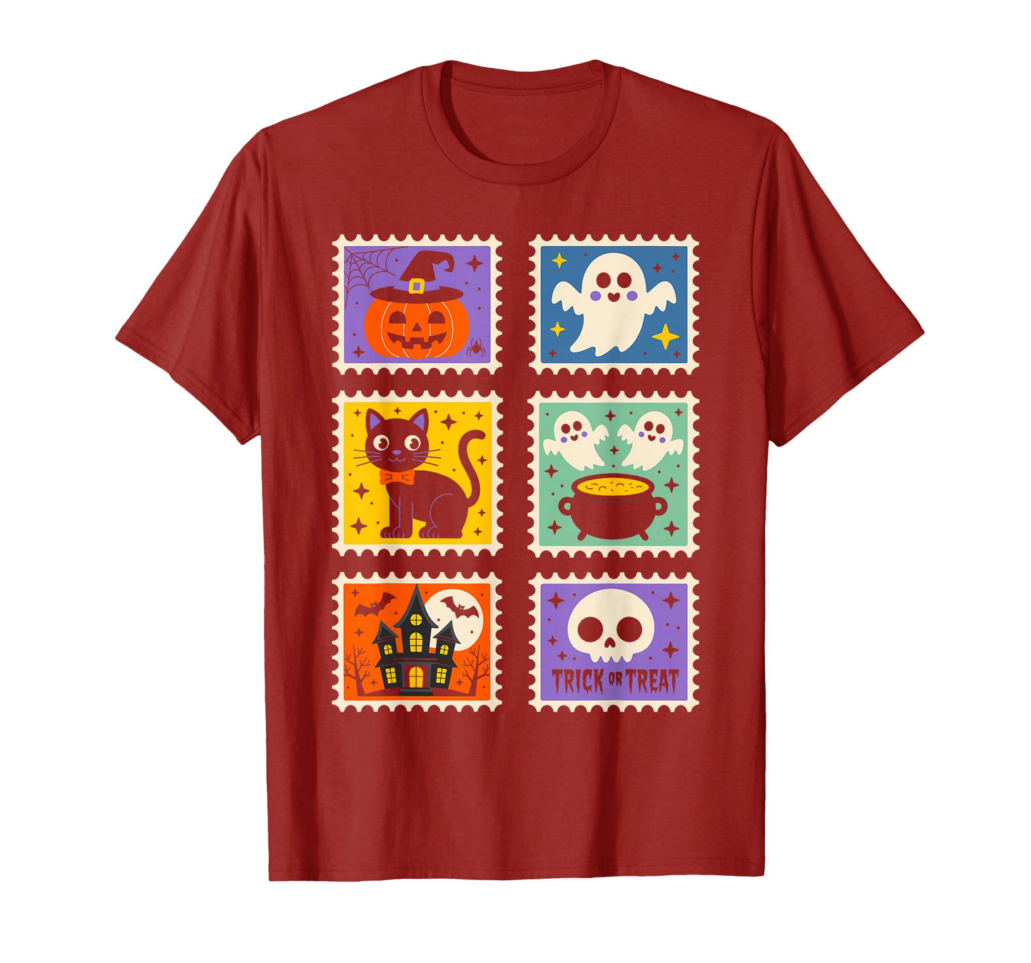 Halloween Stamps Spooky Pumpkin Ghost Cat Witch Skeleton T-Shirt
