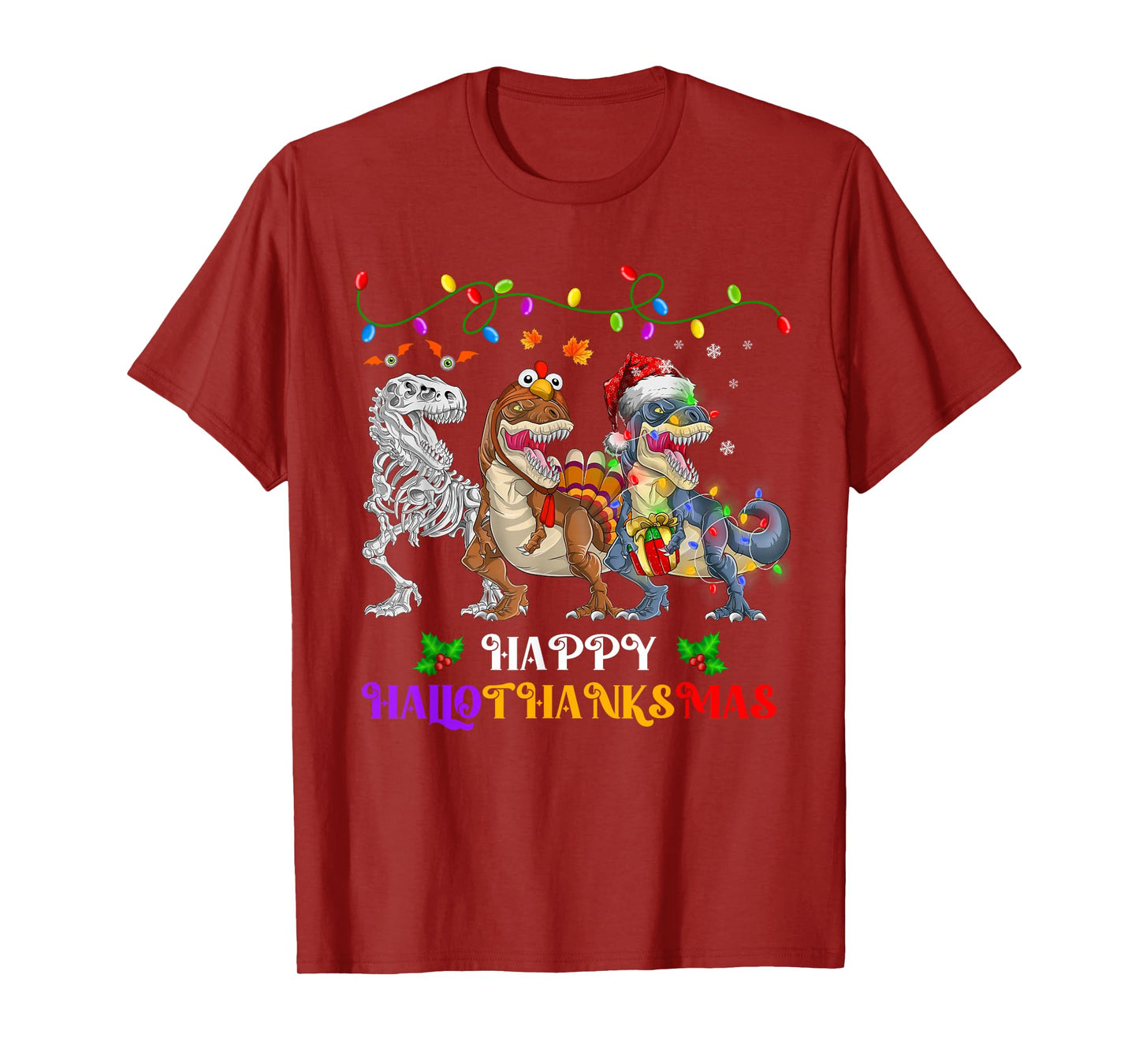 Happy Hallothanksmas Dinosaur Halloween Thanksgiving Xmas T-Shirt