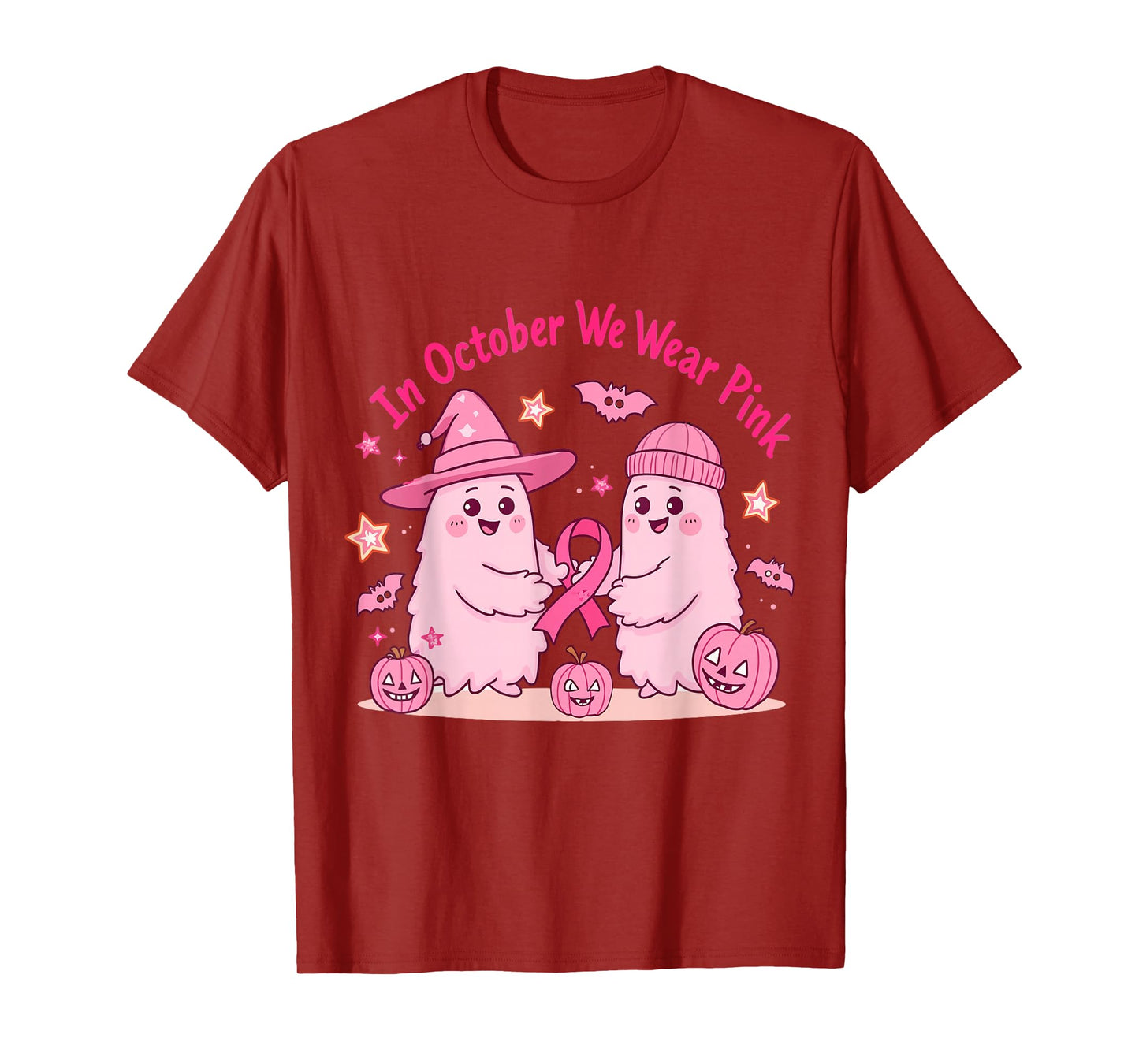 in October We Wear Pink Ghost Witch Breast Cancer Awareness T-Shirt