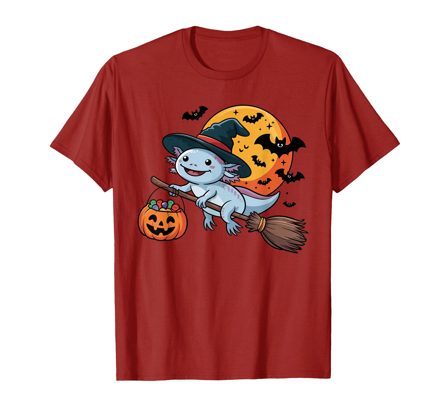 Cute Axolotl Witch Riding Broom Halloween Pumpkin Kids Boys T-Shirt