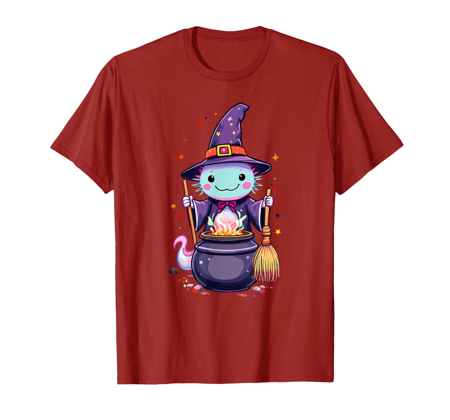 Magical Witch Axolotl | Cute Kawaii Halloween Cauldron Art T-Shirt