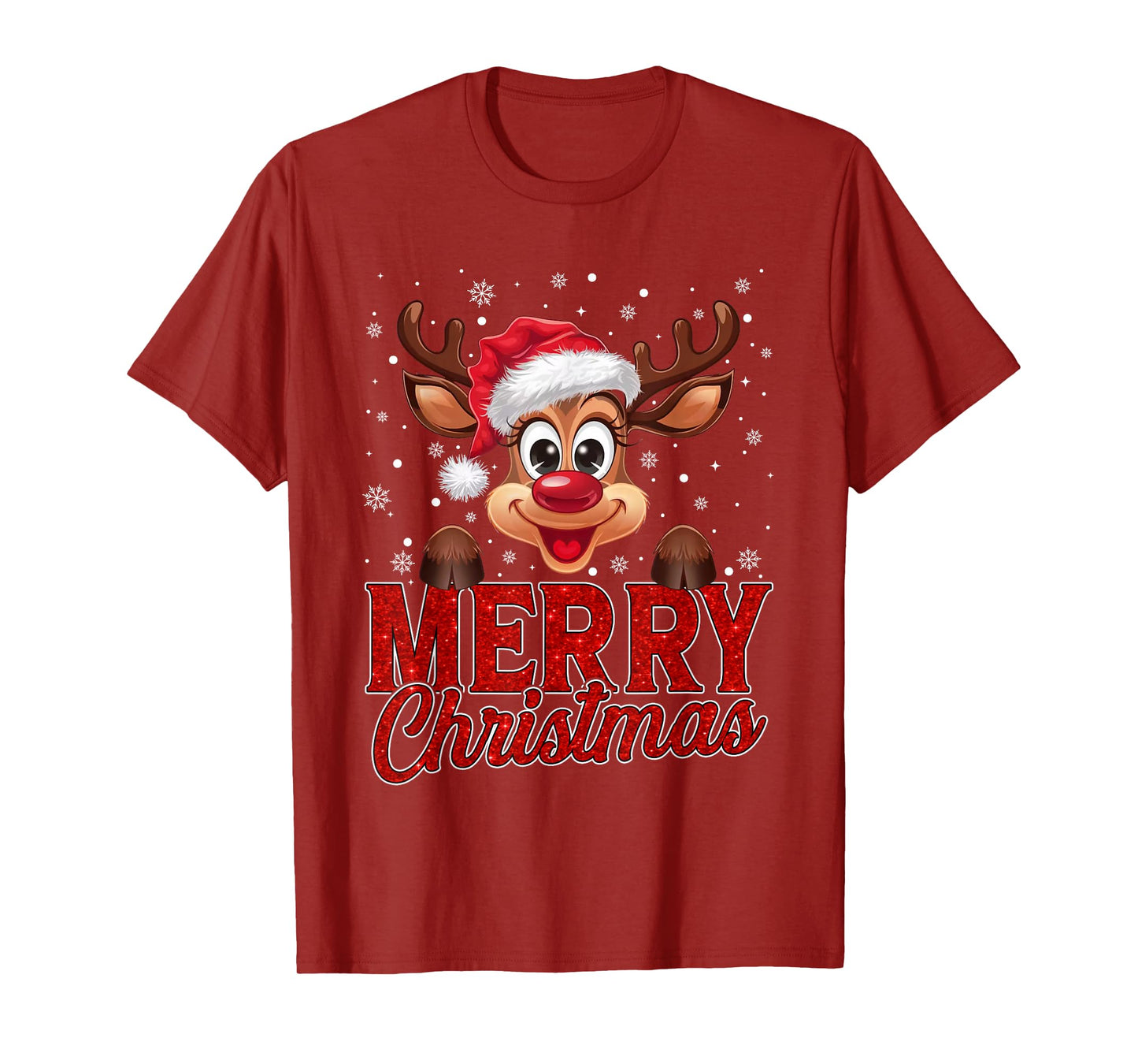 Merry Christmas Rudolph Reindeer Santa Hat Xmas Snowflakes T-Shirt