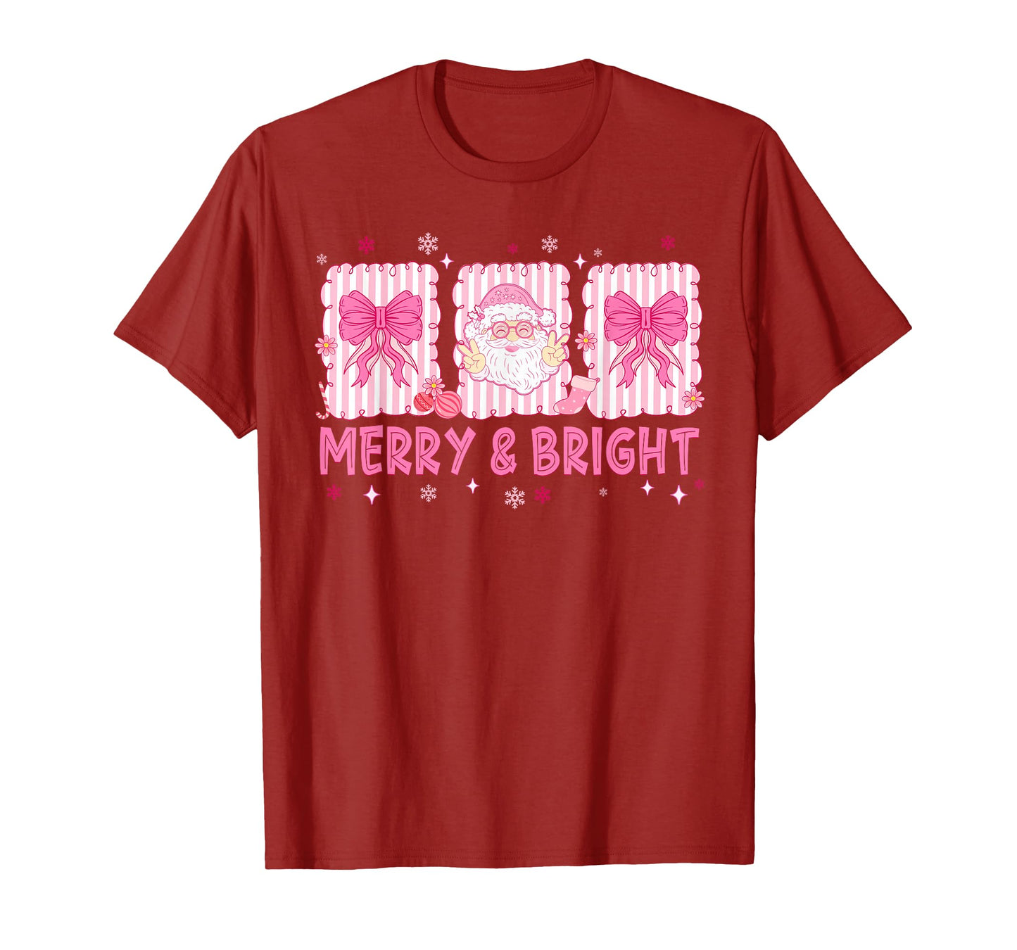Preppy Merry and Bright Pink Santa Coquette Bow Girl Women T-Shirt