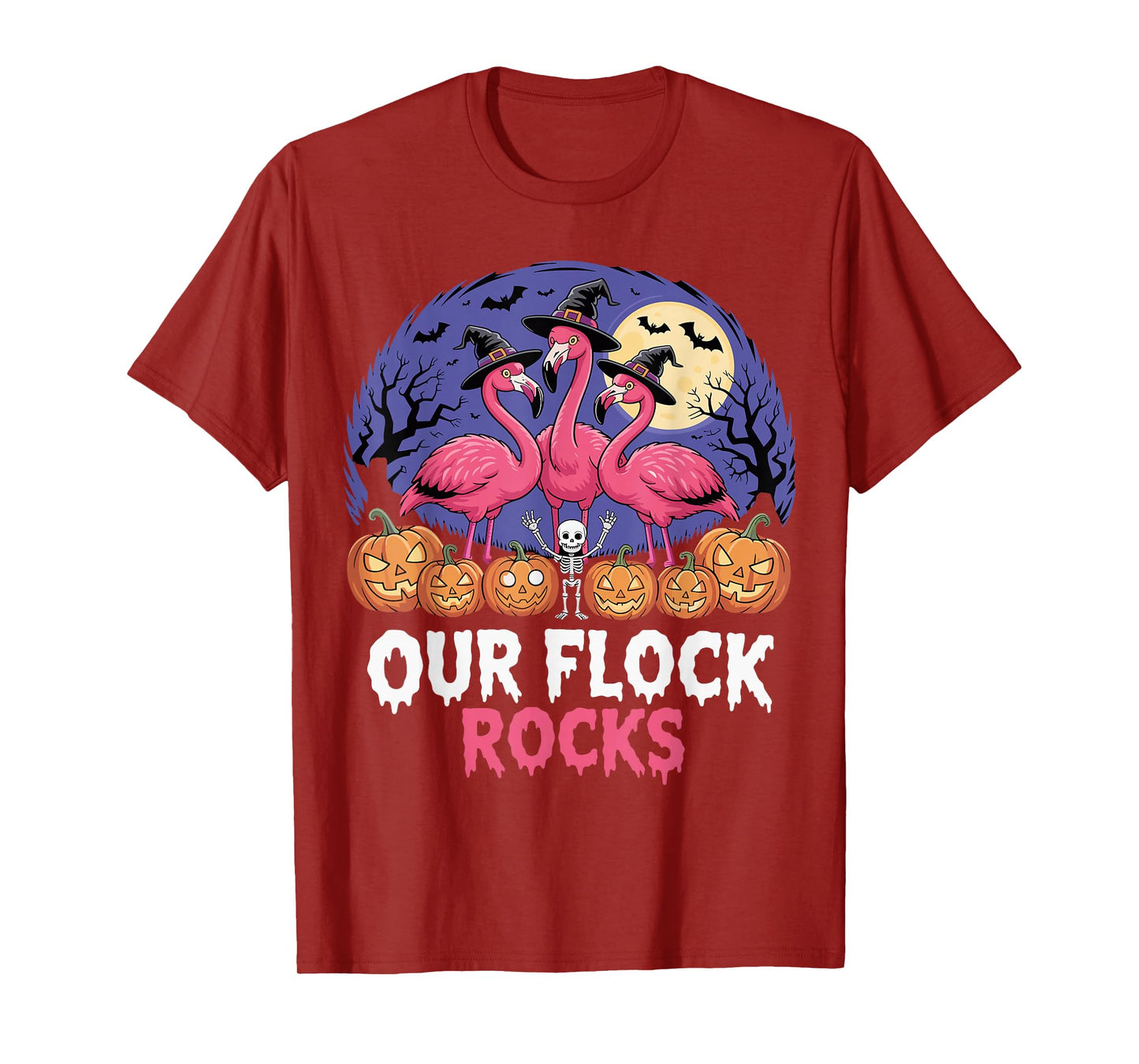 Our Flock Rocks Halloween Flamingo Funny Witch Costume T-Shirt